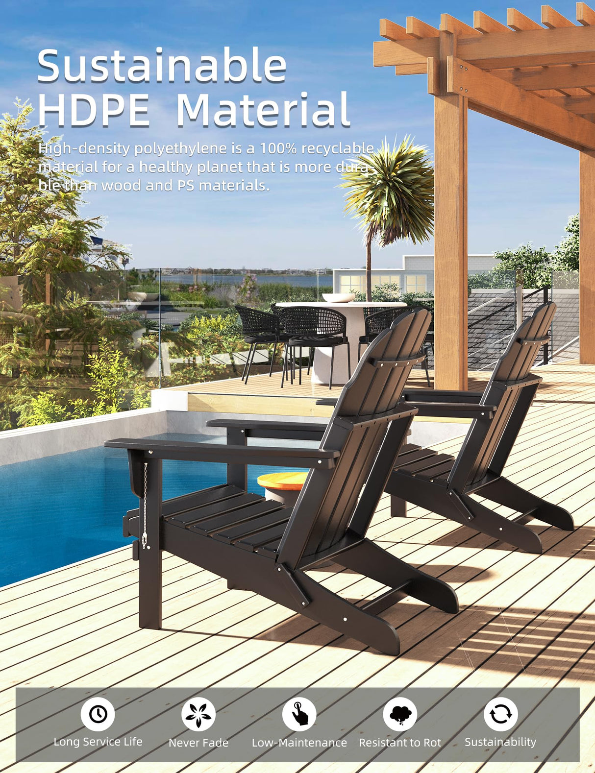 Folding Adirondack Chair - Durable HDPE Poly Lumber All-Weather Resistant, Foldable Oversized Balcony Porch Patio Outdoor Chair for Lawn, Backyard, Deck, Garden, Camping - Easy Installation, Black BUPPLEE