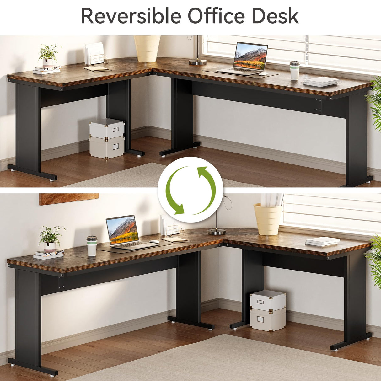 LITTLE TREE 83 Inch L-Shaped Office Desk with Drawers, Large Executive Office Desk with Storage, Wooden Computer Desk with File Cabinet, Modern Work Desk for Home Office, Brown LITTLE TREE
