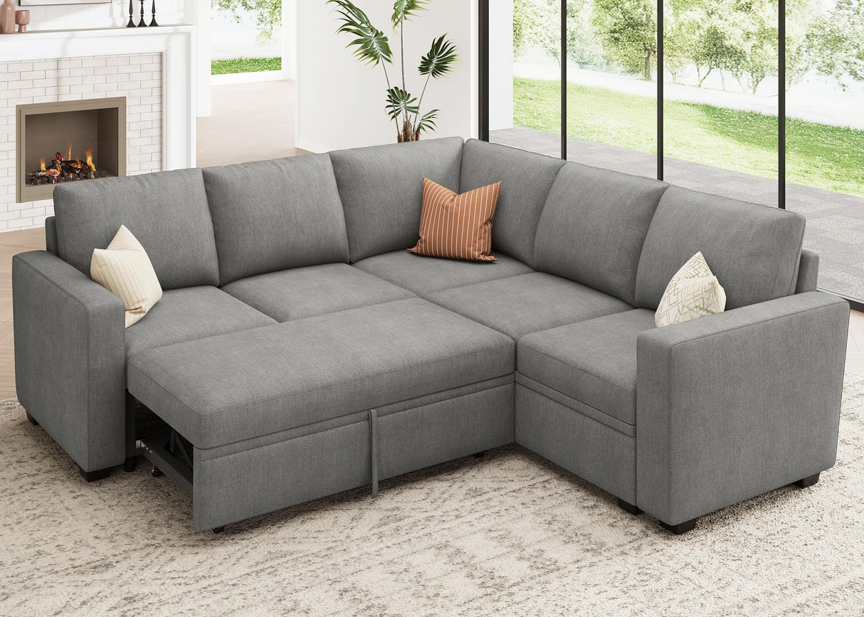 HONBAY Modular Sectional Sleeper Sofa with Pull Out Bed, Chenille L Shaped Couch with Storage Seats, Convertible Sectional Couches for Living Room, Warm Grey HONBAY