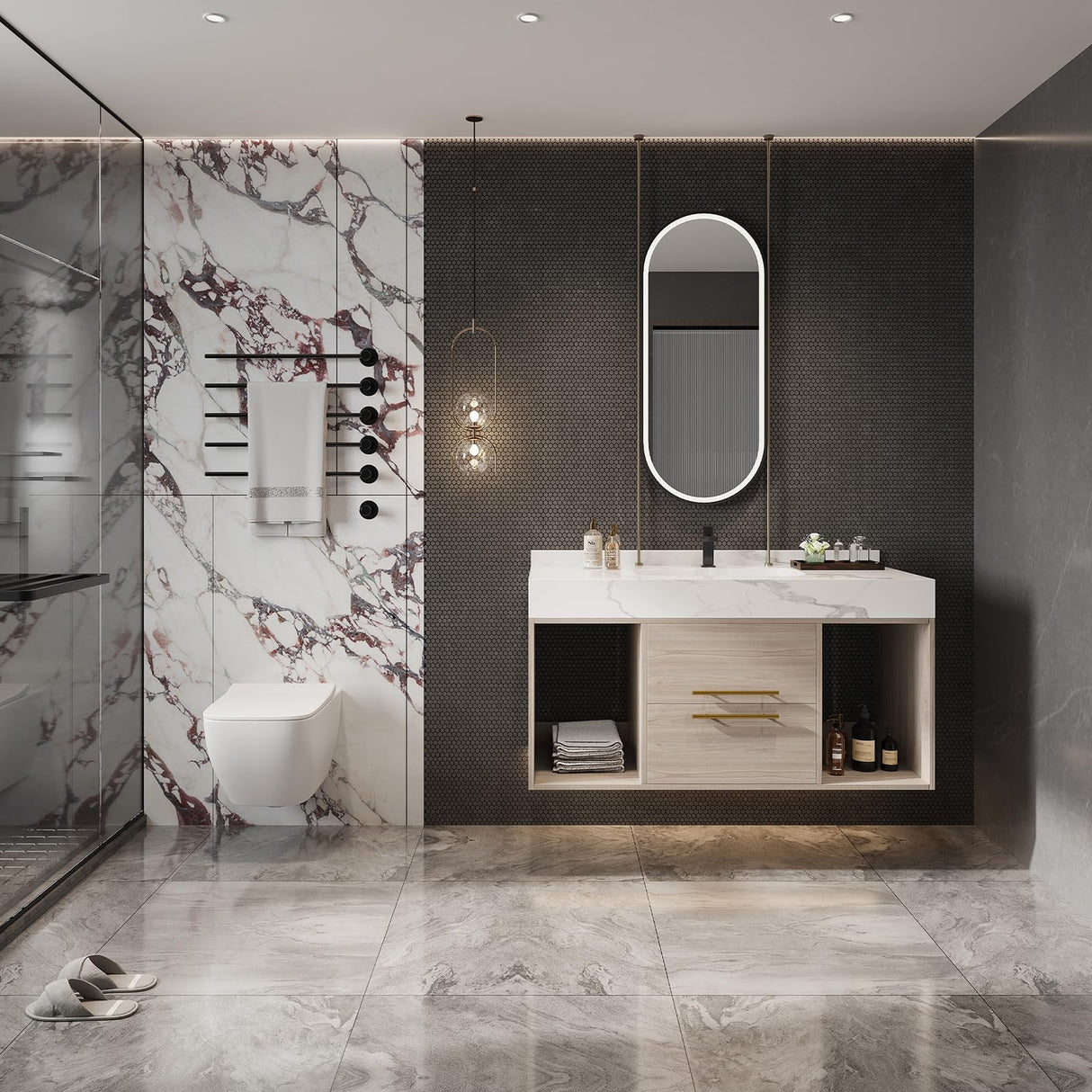 40 Inch Modern Wall Mounted Bathroom Vanity with White Sintered Stone Countertop. Quick Assembly Solid Wood Floating Bathroom Cabinet with 2 Drawers and 2 Storage.White. Glintee