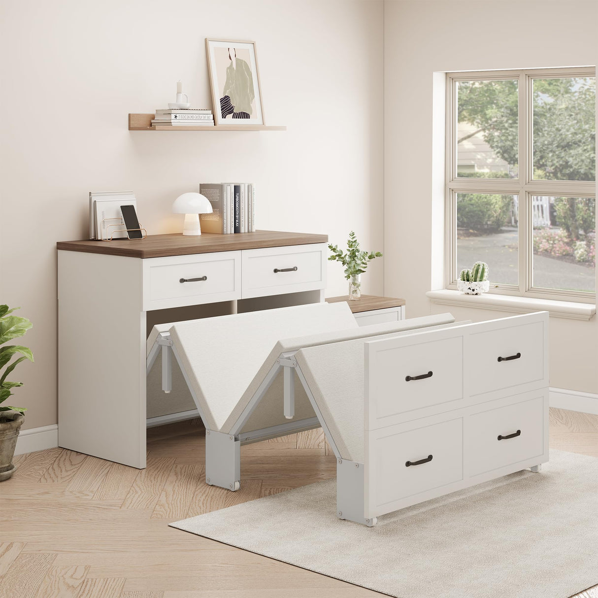 Murphy Bed Cabinet with Mattress Included,76*33 Inches Twin Size Hideaway Bed with Storage for Adults Guests and Kids,Easy Pull out and Folding,White 2 in 1 Small Fold up Space Saving WallBed XIAO WEI