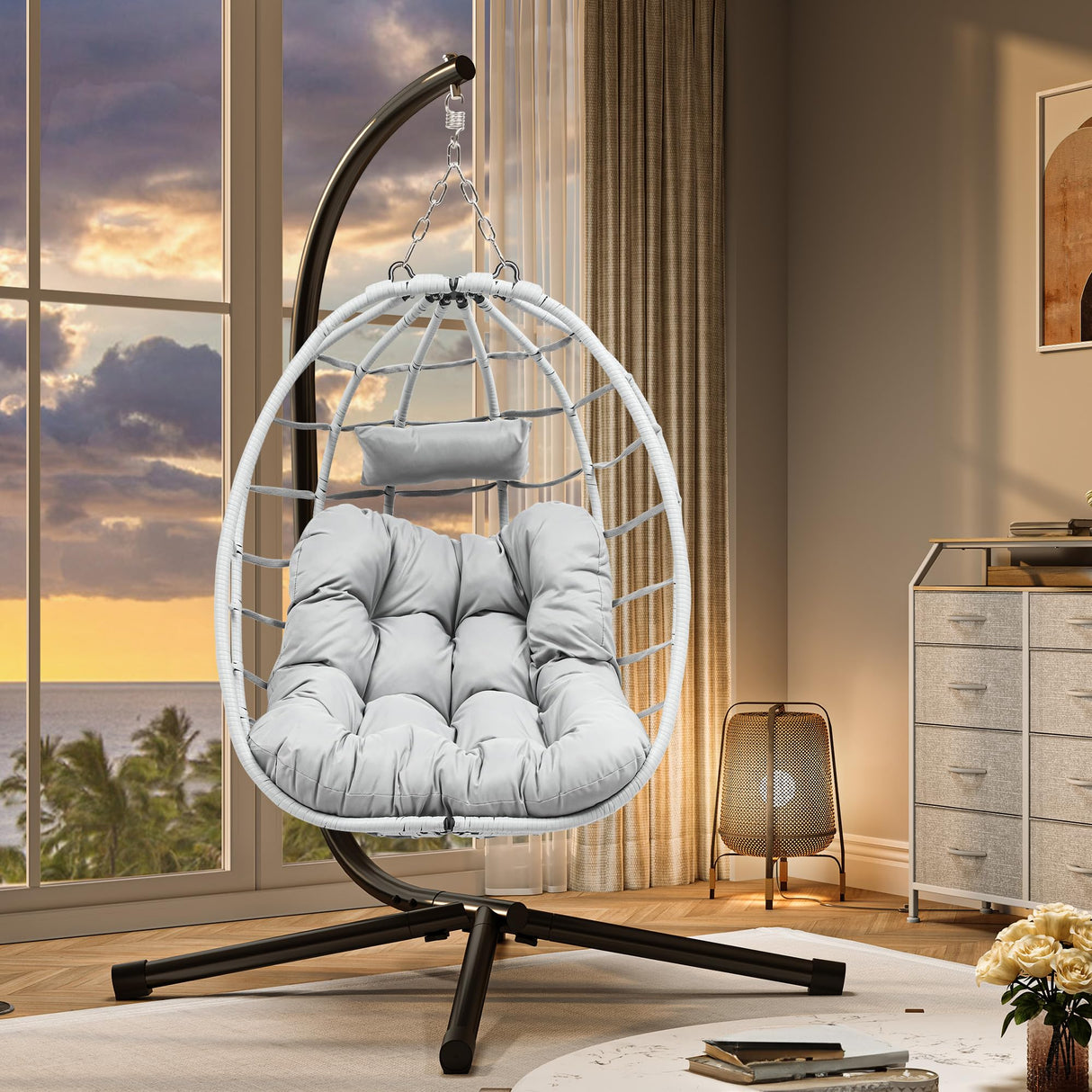 YITAHOME Egg Chair Swing Hanging Outdoor Wicker Hammock Chairs Indoor with Steel Stand UV Resistant Cushion 330lbs for Patio, Bedroom, Garden and Balcony - Gray YITAHOME