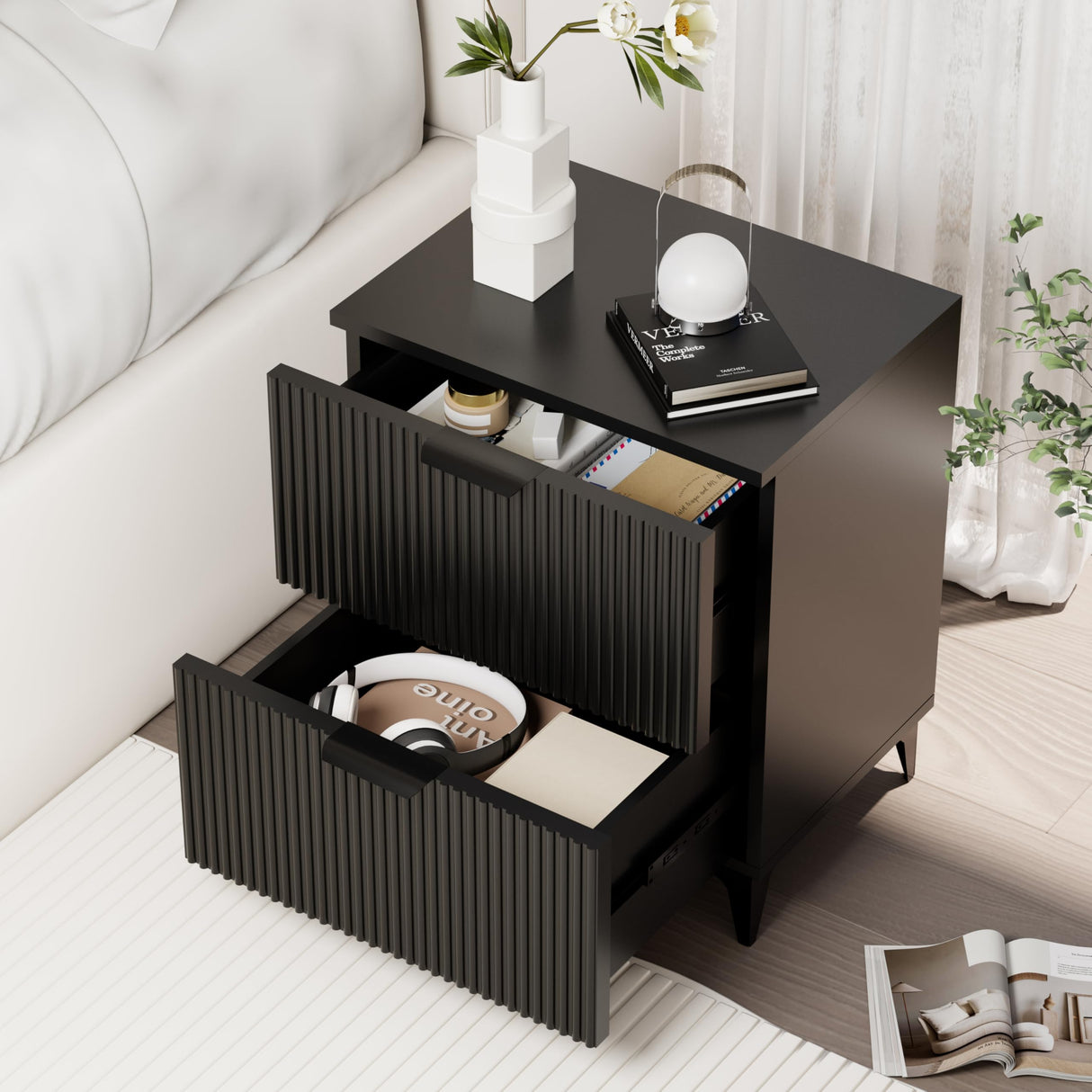 Royal Windsor Fluted Nightstand Set of 2 with 2 Drawers, Side End Table, Small Accent Storage Cabinet,Modern Night Stand Bedside Table for Bedroom,Black Royal Windsor