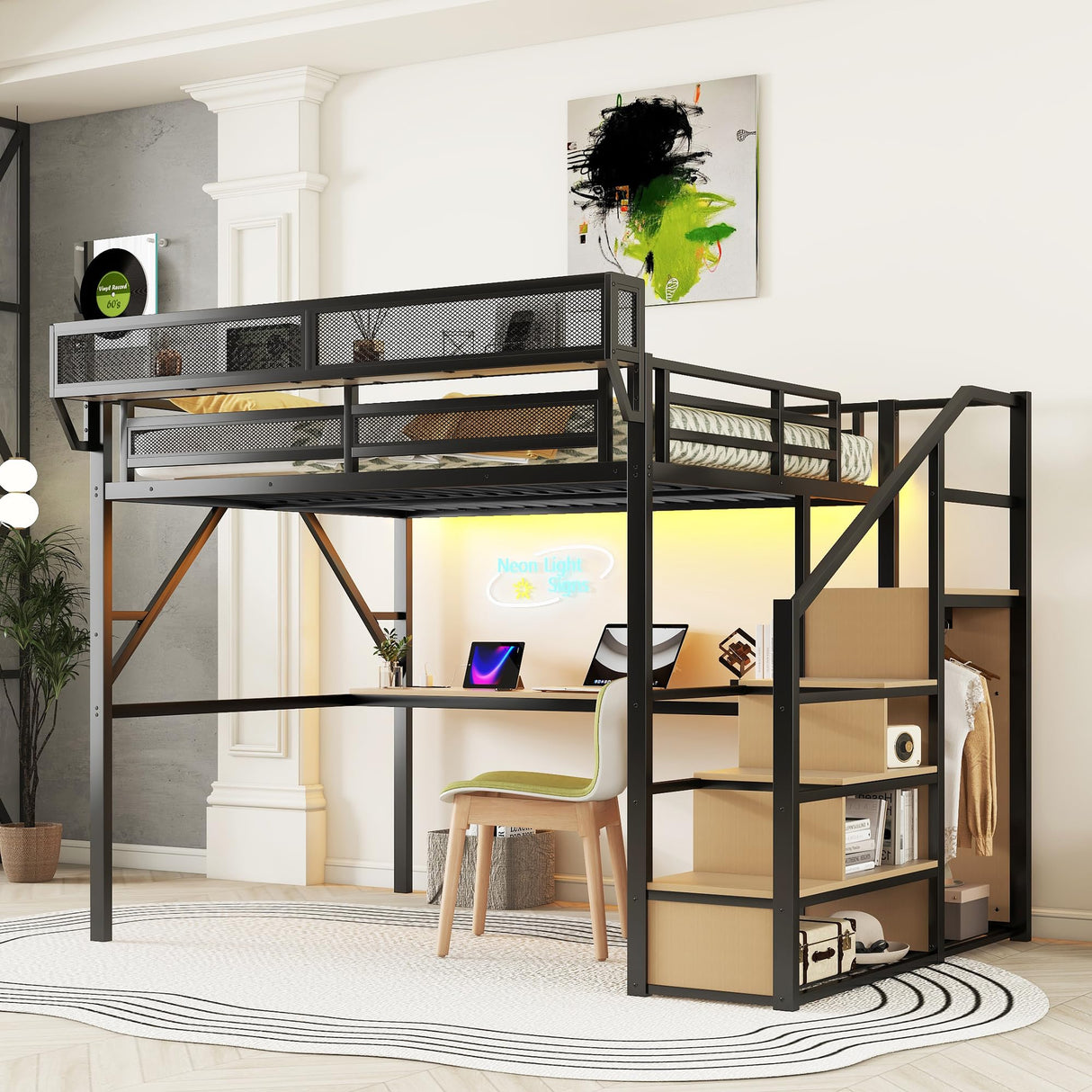 KEIKI Queen Size Metal Loft Bed Frame with Desk, Staircase, Built-in Storage Shelves and Wardrobe, Modern Loft Bed with Solid Slat, Guardrail, No Box Spring Required, Easy Assembly, for Bedroom, Black KEIKI