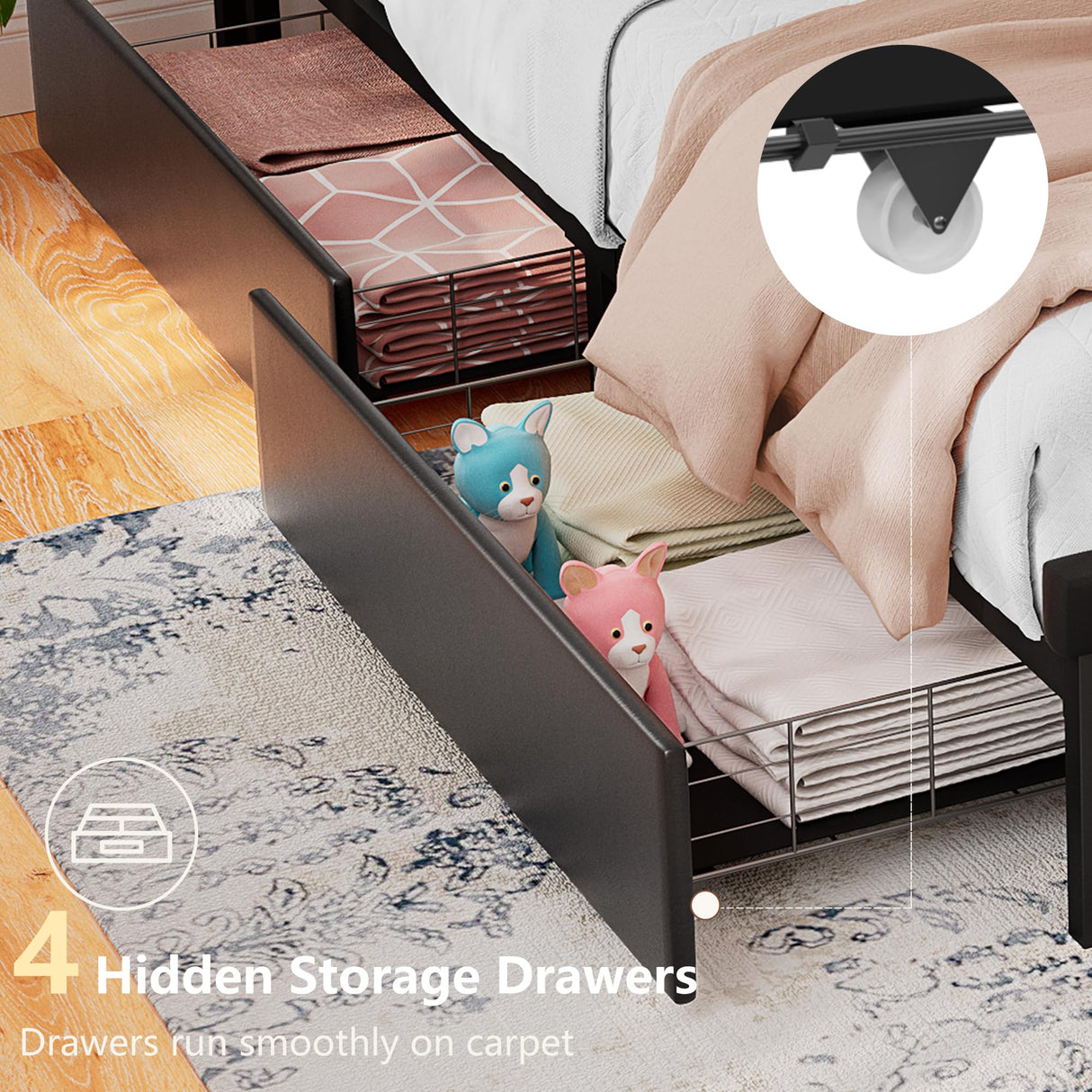 Alohappy Queen Bed Frame with USB Charging, LED Lights & Storage Drawers, Upholstered Platform in Black Alohappy