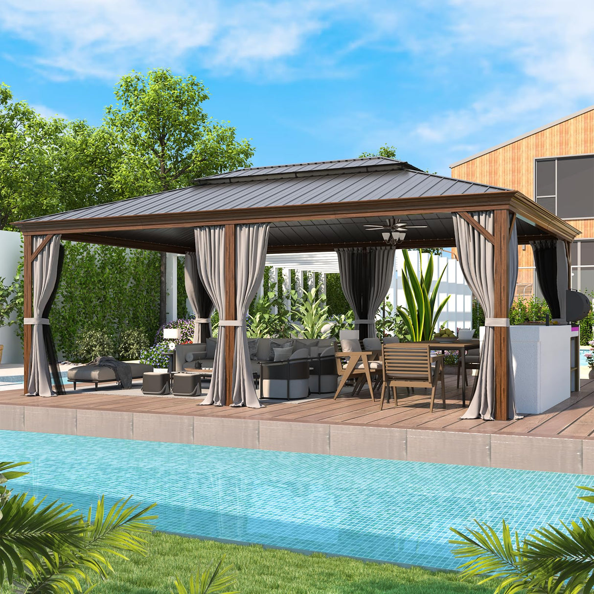 EROMMY 14' x 20' Hardtop Gazebo, Wooden Finish Coated Aluminum Frame Canopy with Double Galvanized Steel Roof, Outdoor Permanent Metal Pavilion with Curtains and Nettings for Patio,Garden, Backyard EROMMY