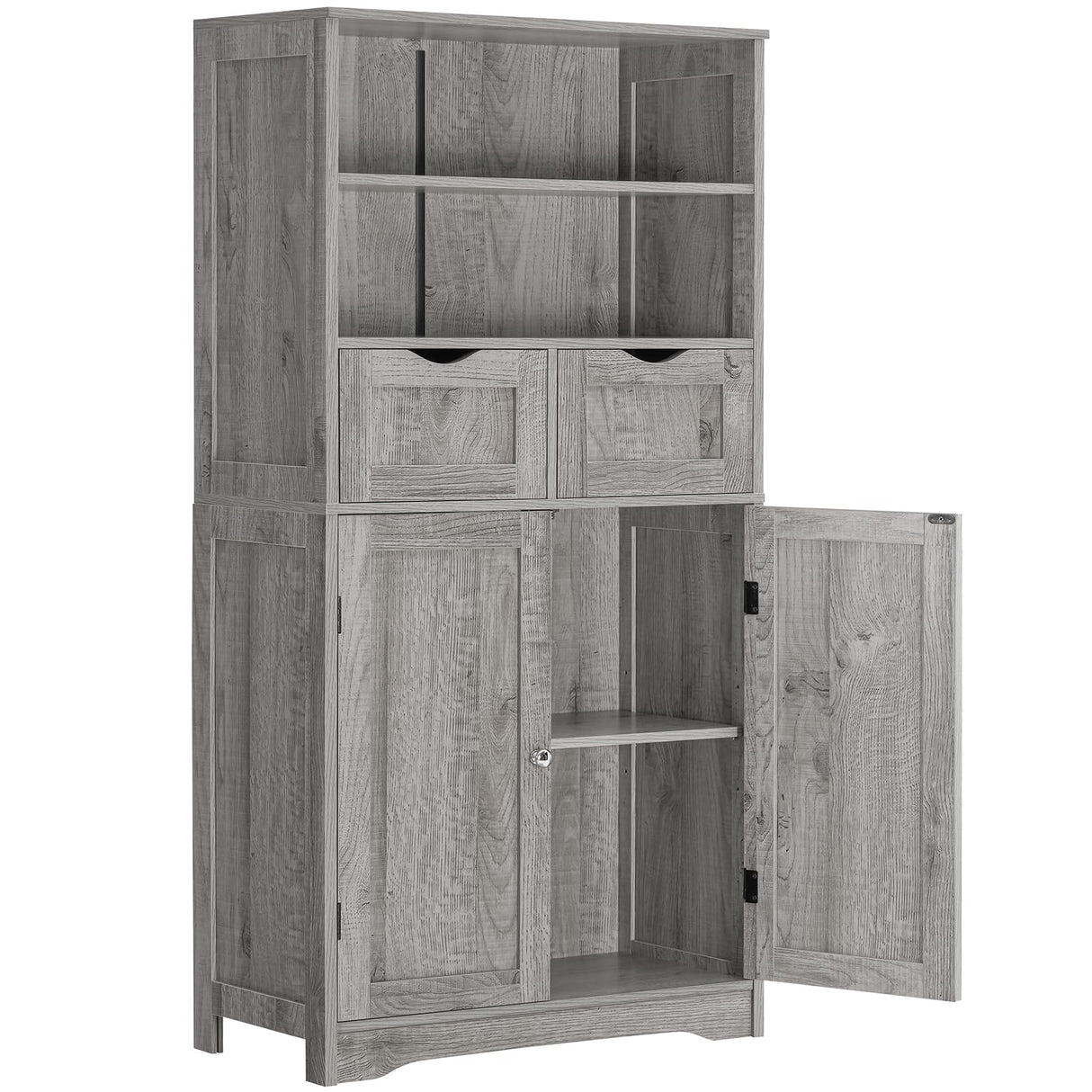 Iwell Tall Storage Cabinet with 2 Drawers & Adjustable Shelves, Bathroom Cabinet with Doors, Cupboard, Floor Cabinet for Living Room, Dining Room, Entryway, Grey Iwell