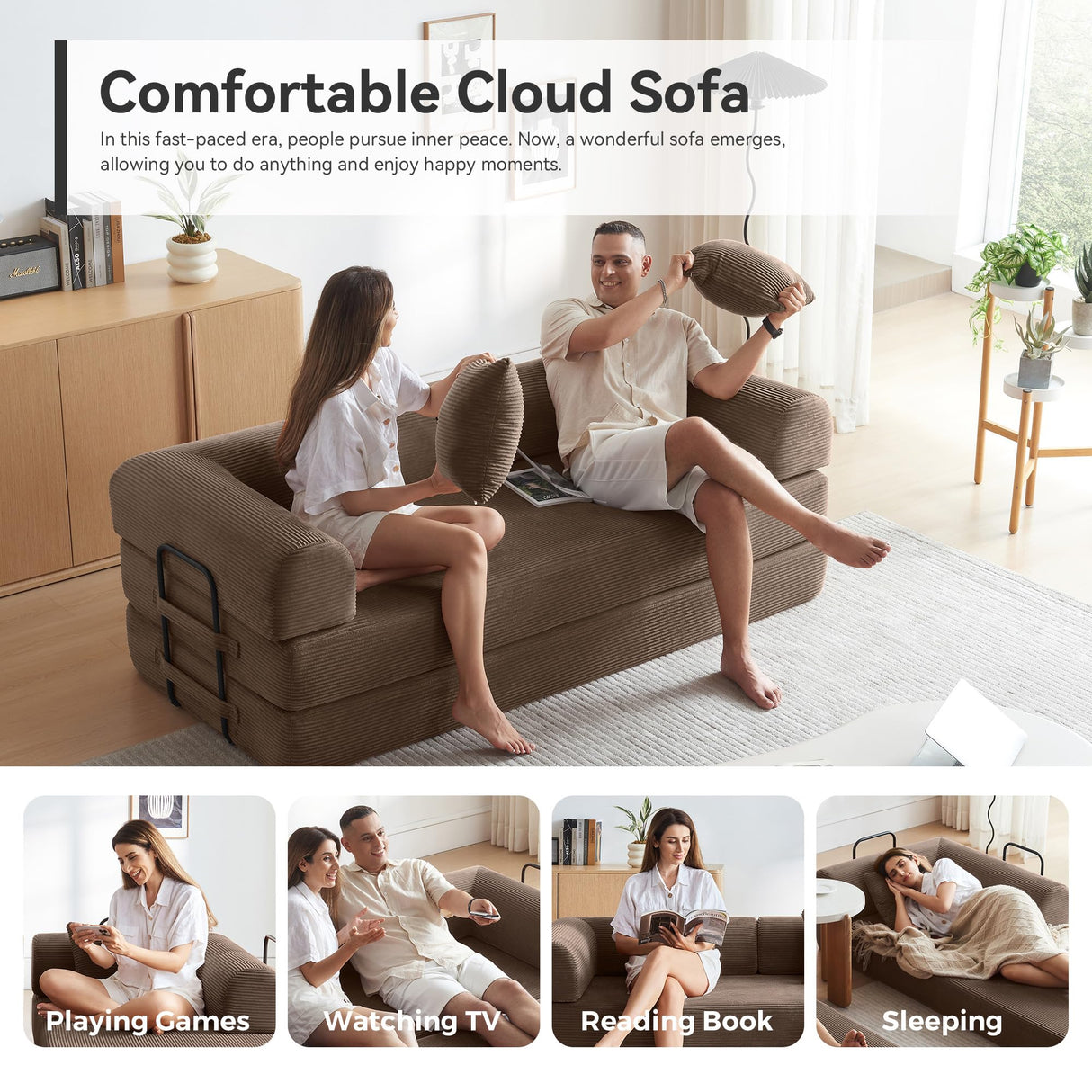 Convertible Modular Sleeper Sofa Bed, Mid Century Modern Decor Love Seat Memory Foam Couches, Sleeper Sofa Bed for Living Room, Solid & Easy to Install Cloud Couch (Brown) QQR