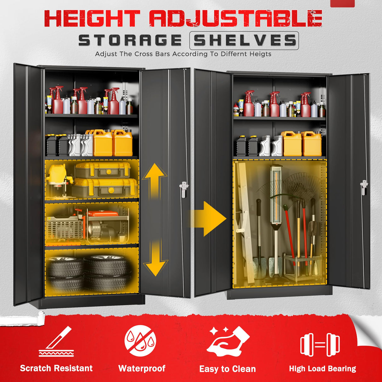 Metal Storage Cabinet with Lock, 71" Tall Black Garage Cabinet with 2 Doors & 4 Adjustable Shelves, Lockable Steel File Cabinet for Home Office, Garage, School, Gym Pataku