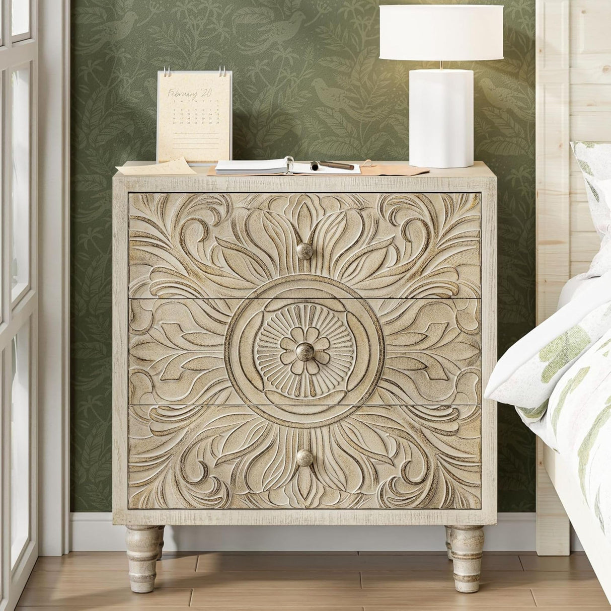 COZAYH 3-Drawer Bedroom Dresser with Carved Floral Front, Distressed Weathered White Finish – Rustic, Boho, French Country, Farmhouse Nightstand with Smooth Glide Storage Drawers COZAYH