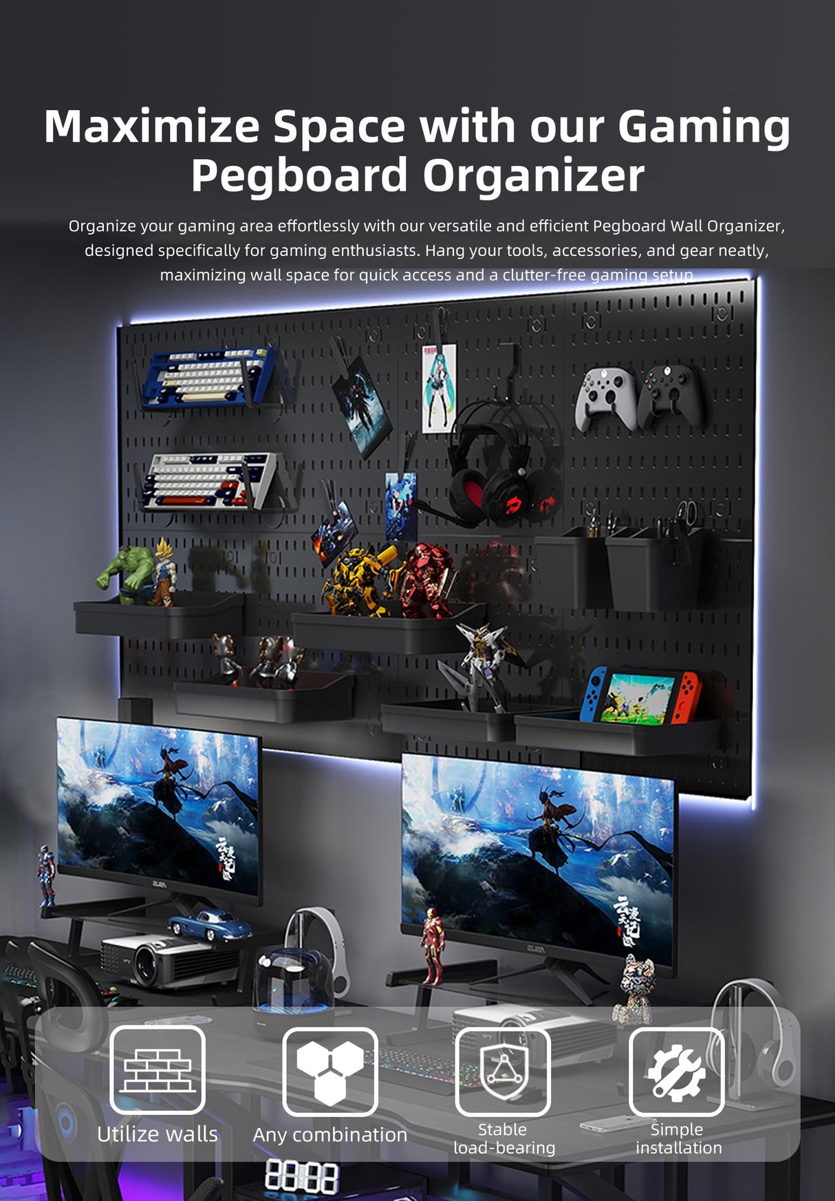 EVDBOBO Wall Organizer Peg Board - Elevate And Declutter Your Gaming And Office - Create A Perfectly Structured Space(Black) EVDBOBO