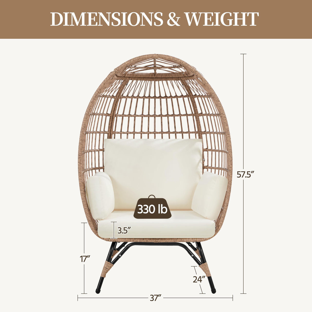 Yaheetech Egg Rattan Chair, Indoor/Outdoor PE Rattan Egg Basket Lounge Chair w/ 4 Cushions, Oversized Egg-Shaped Chair w/Metal Frame Stand for Patio, Backyard, Living Room - Light Brown/Ivory Yaheetech