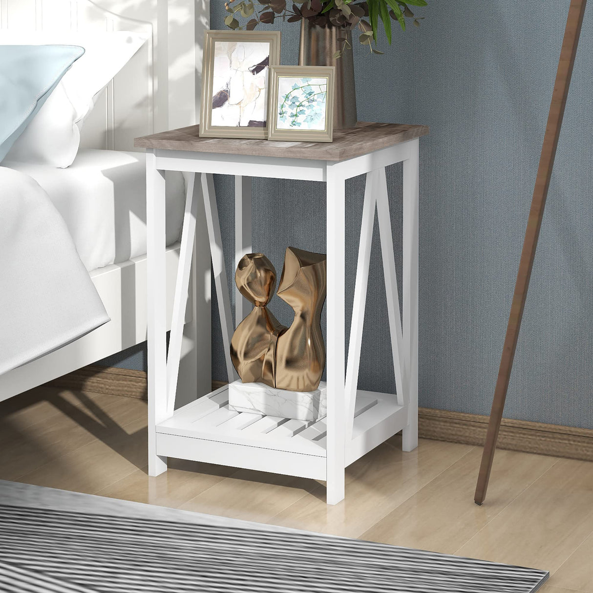 UYIHOME Farmhouse Square End Table, Accent Side Table with Slats Design, Sofa Side Nightstand Table with Sturdy Frame for Living Room Bedroom, Oak Grey UYIHOME
