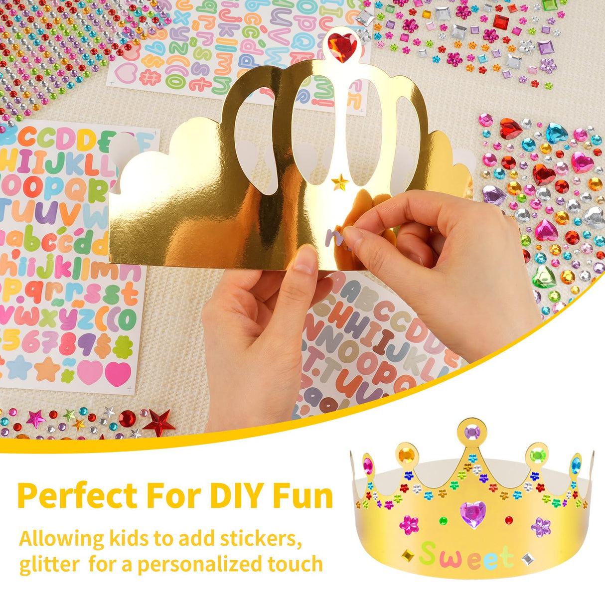 Gold Paper Crowns, 15 Pcs DIY Birthday Party Crowns, King & Princess Crown Hats with Gem Stickers, Letters and Number Stickers for School, Party & Craft Decoration NIUBIER