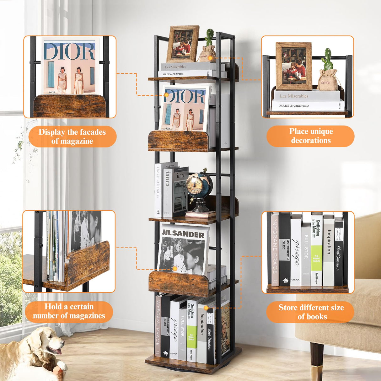 Bikoney 5-Tier Rotating Corner Bookshelf - Tall Industrial Black Wood & Metal Bookcase Bikoney