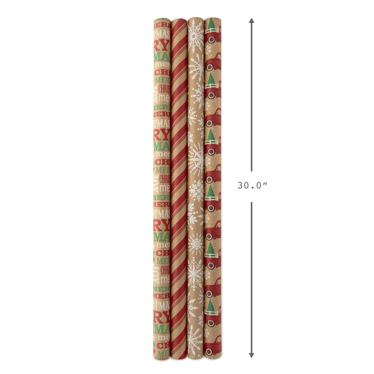 Hallmark Christmas Wrapping Paper Bundle with Cut Lines on Reverse, Kraft (Pack of 4, 88 sq. ft. ttl) Red Trucks, Snowflakes, Stripes, Merry Christmas (5JXW1038) Hallmark