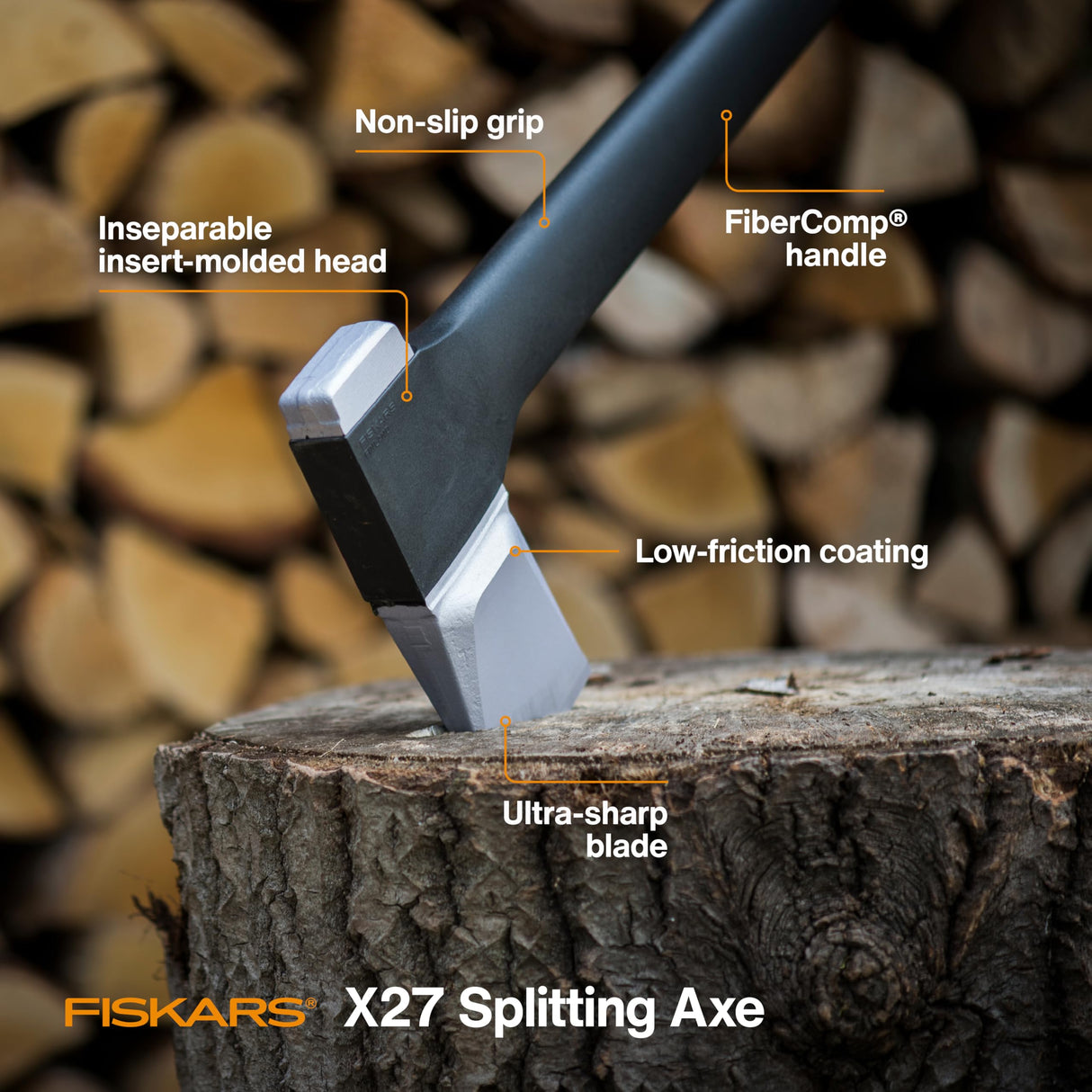 Fiskars X27 Super Splitting Axe, 36" Wood Splitting Axe for Medium to Large Size Logs with Shock-Absorbing Handle, Split Firewood, Forged Steel Blade, Bushcraft Gear and Camping Hatchet Fiskars
