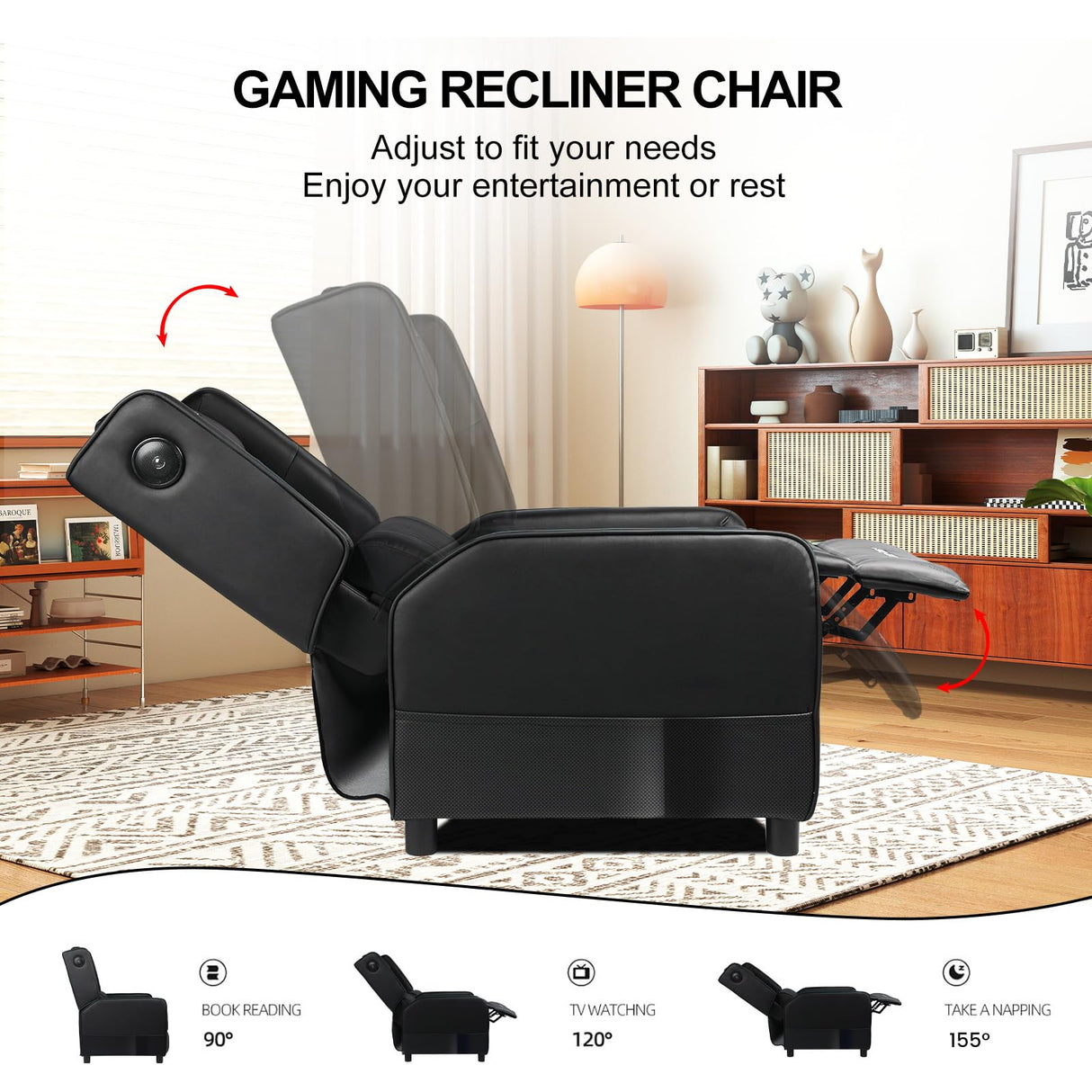 GTRACING Gaming Recliner Chair with Bluetooth Speakers Racing Style Single Gaming Sofa Modern Living Room Recliners Ergonomic Comfortable Massage Home Theater Seating, Black GTRACING