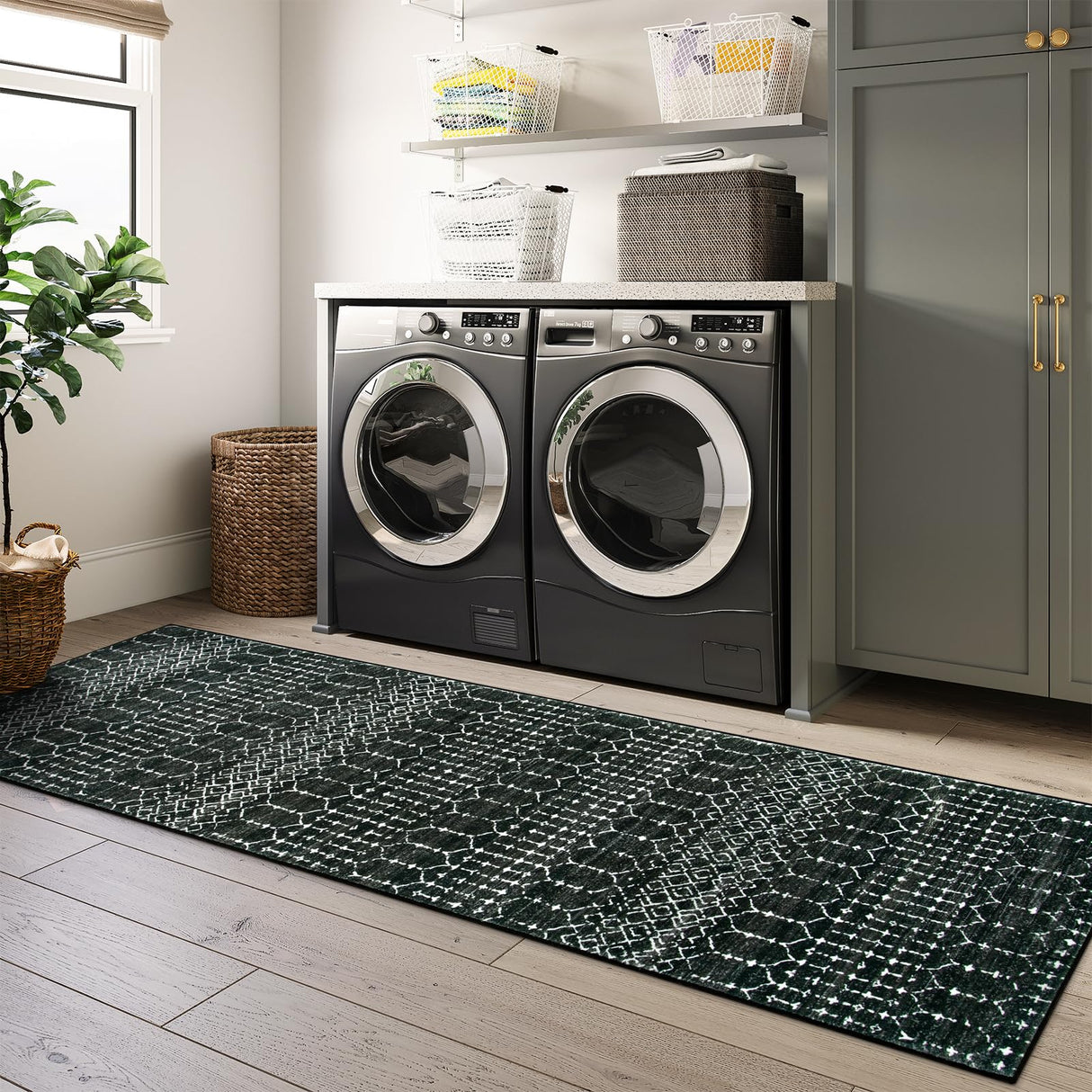 Lahome Moroccan Black Rug - 2x8 Washable Non-Skid Kitchen Floor Runner, Low-Profile, Non Slip, Geometric Print Distressed Entryway Runner for Hallways, Laundry Room, Foyer Lahome