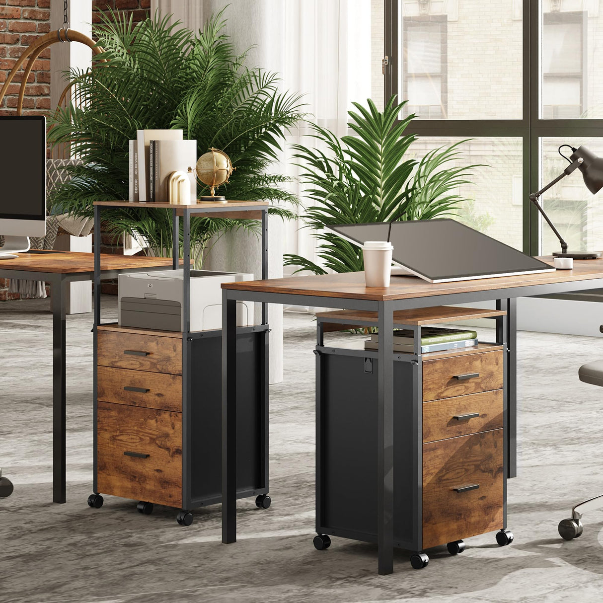 DEVAISE File Cabinet with Storage Drawers, Rolling Printer Stand with Adjustable Shelves, Wood Filing Cabinet for Home Office, Rustic Brown DEVAISE