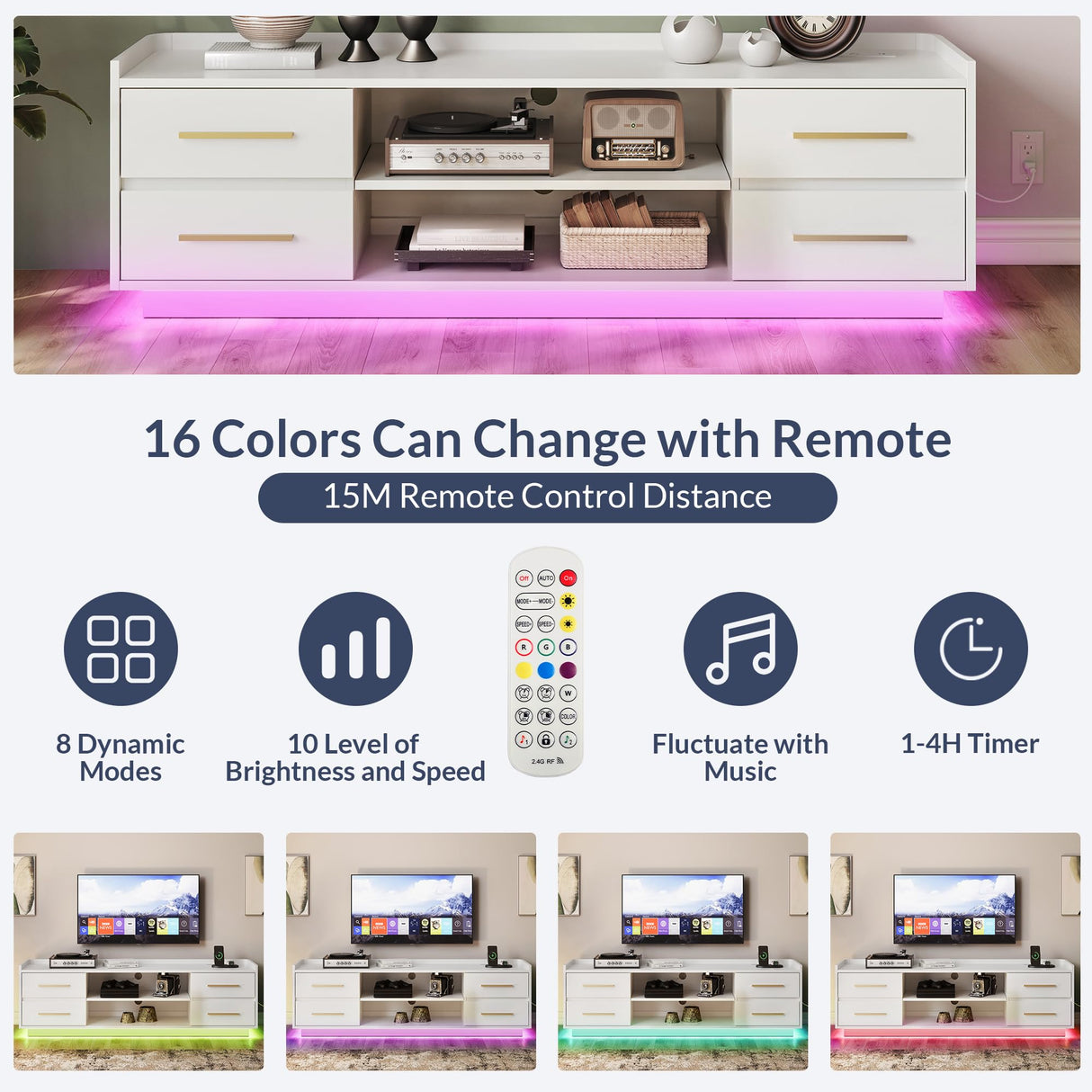 BELLEZE 66" TV Stand for TVs Up to 75", LED Light Entertainment Center with Power Outlet, 4 Drawers and 2-Tier Open Shelves TV Cabinet, TV Console for Living Room, Bedroom - Corrigan (White) BELLEZE