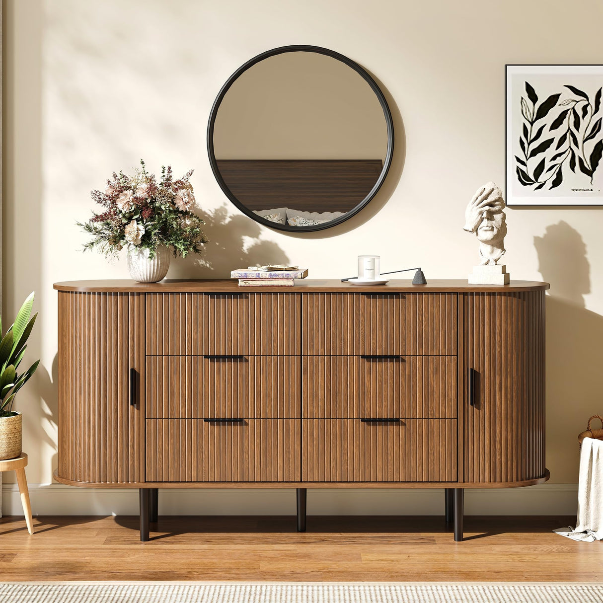 BVIUNTWO Fluted 6 Drawer Dresser, 63" Wide Modern Chest of Drawers with Metal Handle, Curved Edge Design, Wood Storage Credenza Cabinet for Bedroom,Living Room, Brown BVIUNTWO