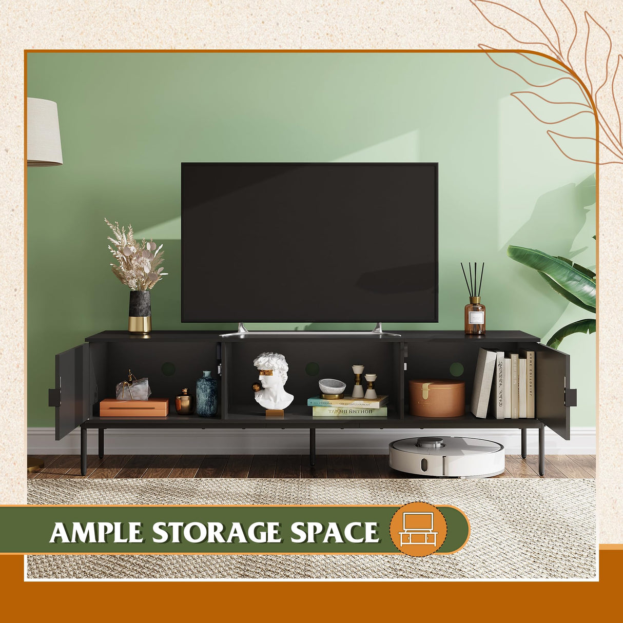 WLIVE Modern TV Stand for 65 Inch TV, Mid Century Entainment Center with Storage, TV Console with Open Shelf and 2 Cabinets for Bedroom and Living Room, TV Cabinet with Metal Legs, Black WLIVE