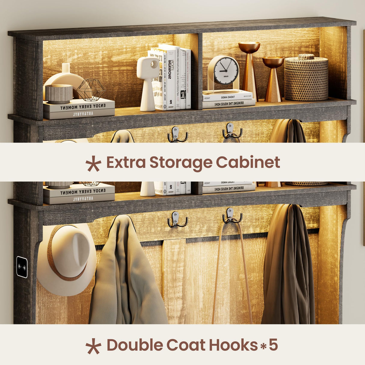 MDGC Farmhouse Hall Tree with Cushioned Bench and Shoe Storage for Mudroom, Hallway, Living Room,4-in-1 Entryway Bench with LED Lights,Motion Sensor,Coat Rack and 3 Drawers,Dark Rustic Oak MDGC