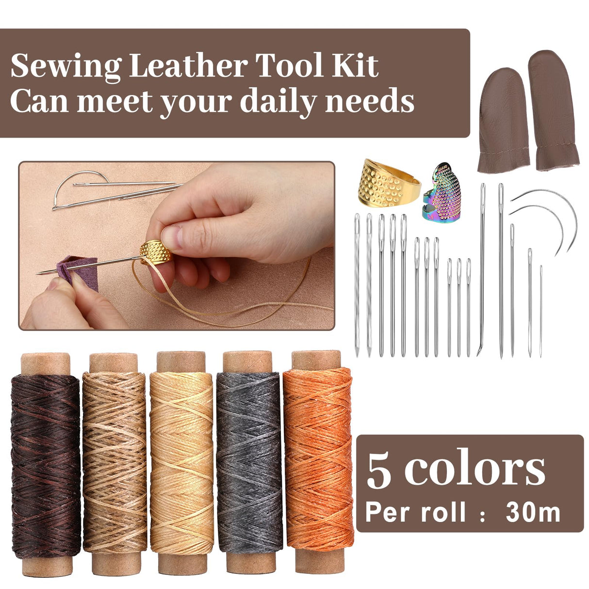 SOCNITC Leather Craft Tools, Leather Working Kit with Snaps and Rivets Kit Stamping Tools Stitching Groover Waxed Thread Punch Hole for Leathercraft Adults, Beginners SOCNITC