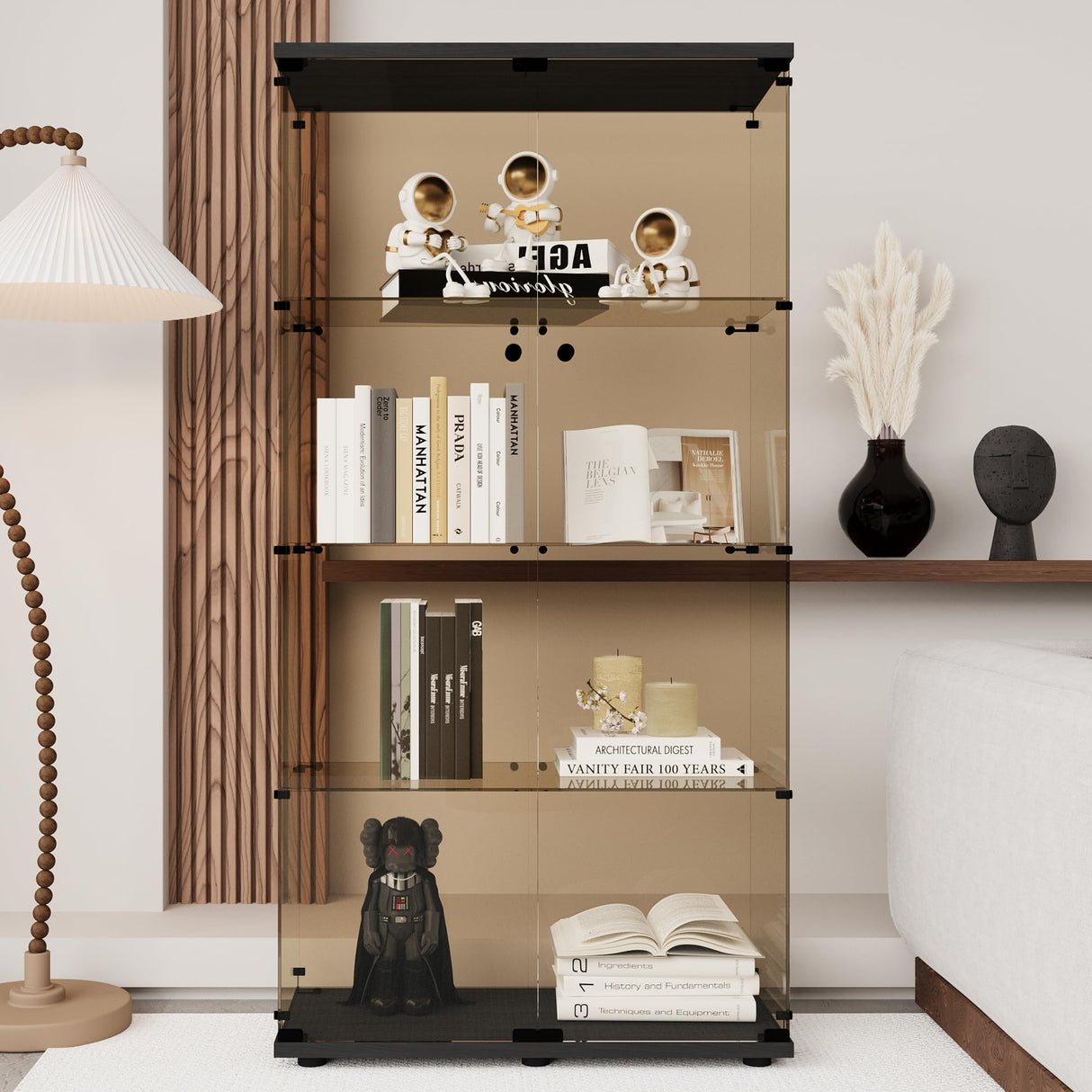LFT HUIMEI2Y 4-Shelf Brown Glass Display Cabinet with Double Doors, Curio Cabinets Tempered Glass Floor Standing Bookshelf for Bedroom, Kitchen, Living Room 64”x 17”x 14.5” Black LFT HUIMEI2Y