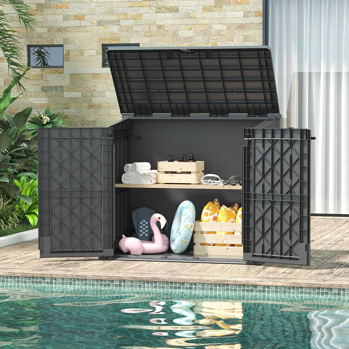 Horizontal Outdoor Storage Shed 36 Cu Ft - Resin Lockable Weatherproof Storage Cabinet/Box for Patio,Garden,Backyard,Outside-Black WTFGO