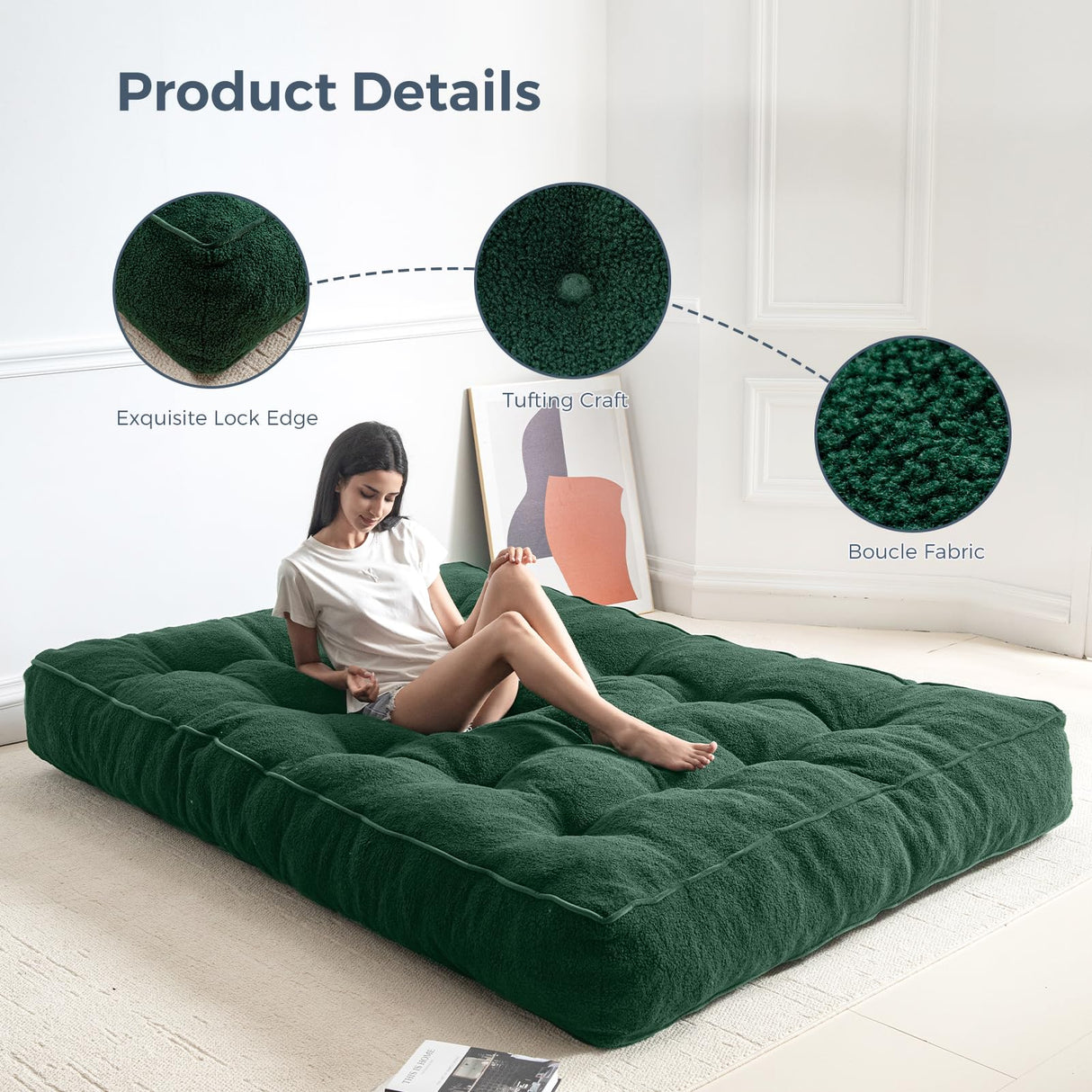 MAXYOYO 8" Futon Mattress Full Size, Ultra Thick Boucle Futons Sofa Couch Bed Sleeper Sofa Bed Floor Mattress for Adults, Shredded Foam Filling (Frame Not Included), Green MAXYOYO