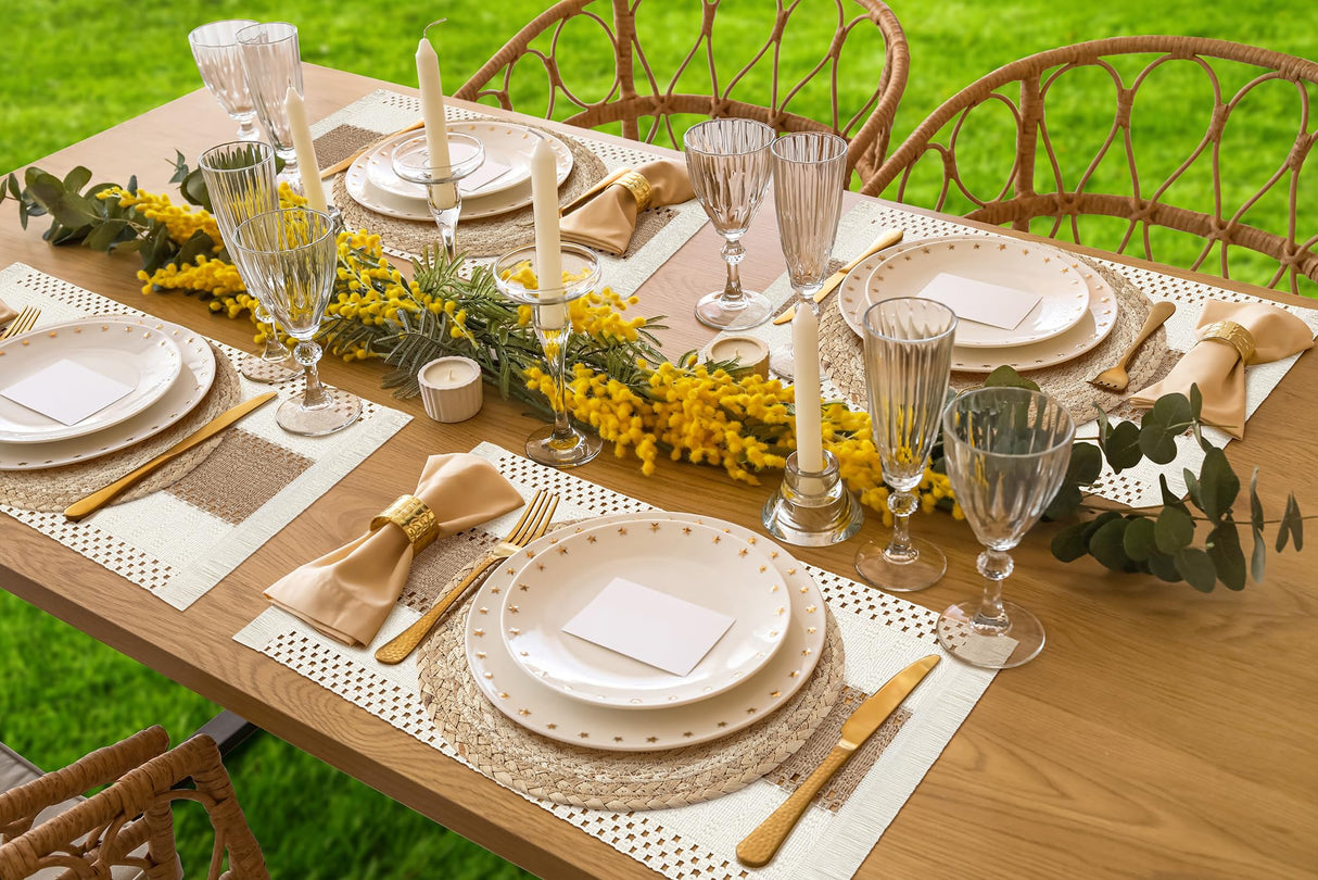 ADRIMER Placemats Set of 6, Handmade Round Woven Table Mats, Burlap Boho Table Place Mats and 1 Pcs 72 Inch Table Runner with Macrame for Kitchen and Dining Table Farmhouse Decor ADRIMER