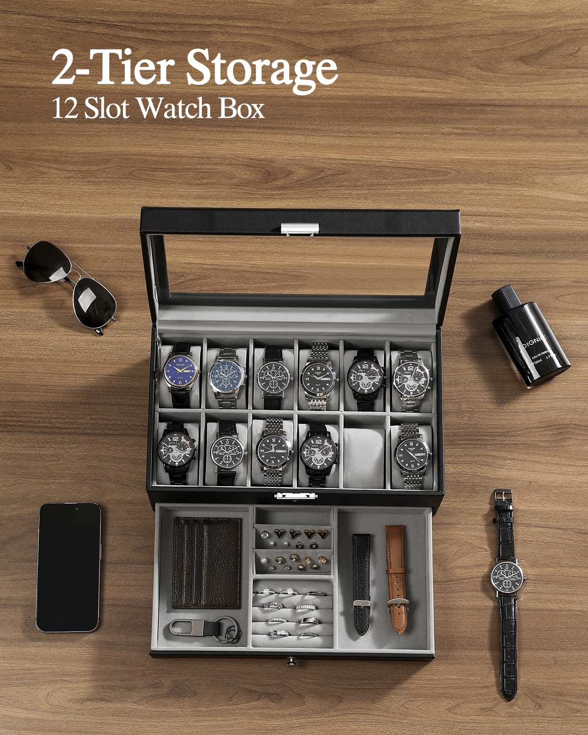 GUKA Watch Box 12 Slot Watch Display Organizer Leather Jewelry Case Drawer Glass Birthday for Men Women, Child Husband Dad GUKA