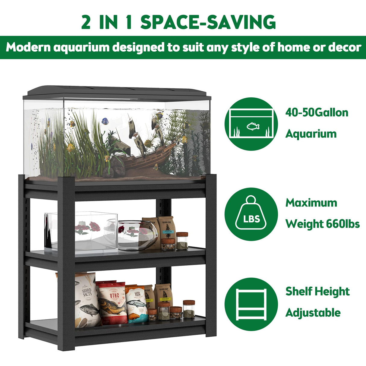 40-50 Gallon Fish Tank Stand, Metal Aquarium Stand, Adjustable Heavy Duty Reptile Tank Stand, Adjustable 3-Tier Fish Tank Rack Shelf for Home Office, Tank Not Included, 31.5 "L x 18 "W x 34"H - Black Fulocseny
