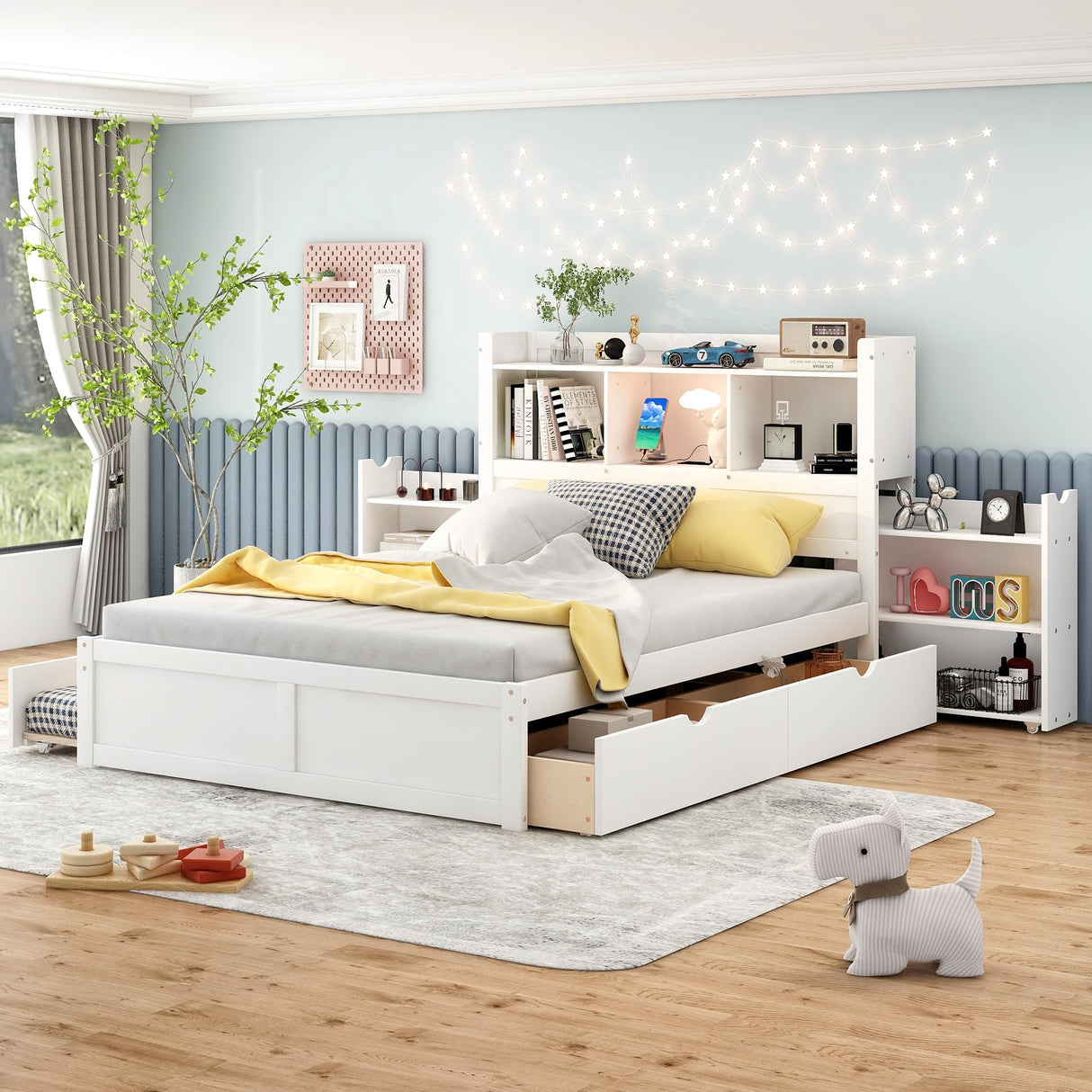 Full Size Storage Bed with Bookcase Headboard and Trundle, Wood Platform Bed Frame with Charging Station, Pull Out Shelves and Drawers for Kids Teens Adults, No Box Spring Needed,White Harper & Bright Designs