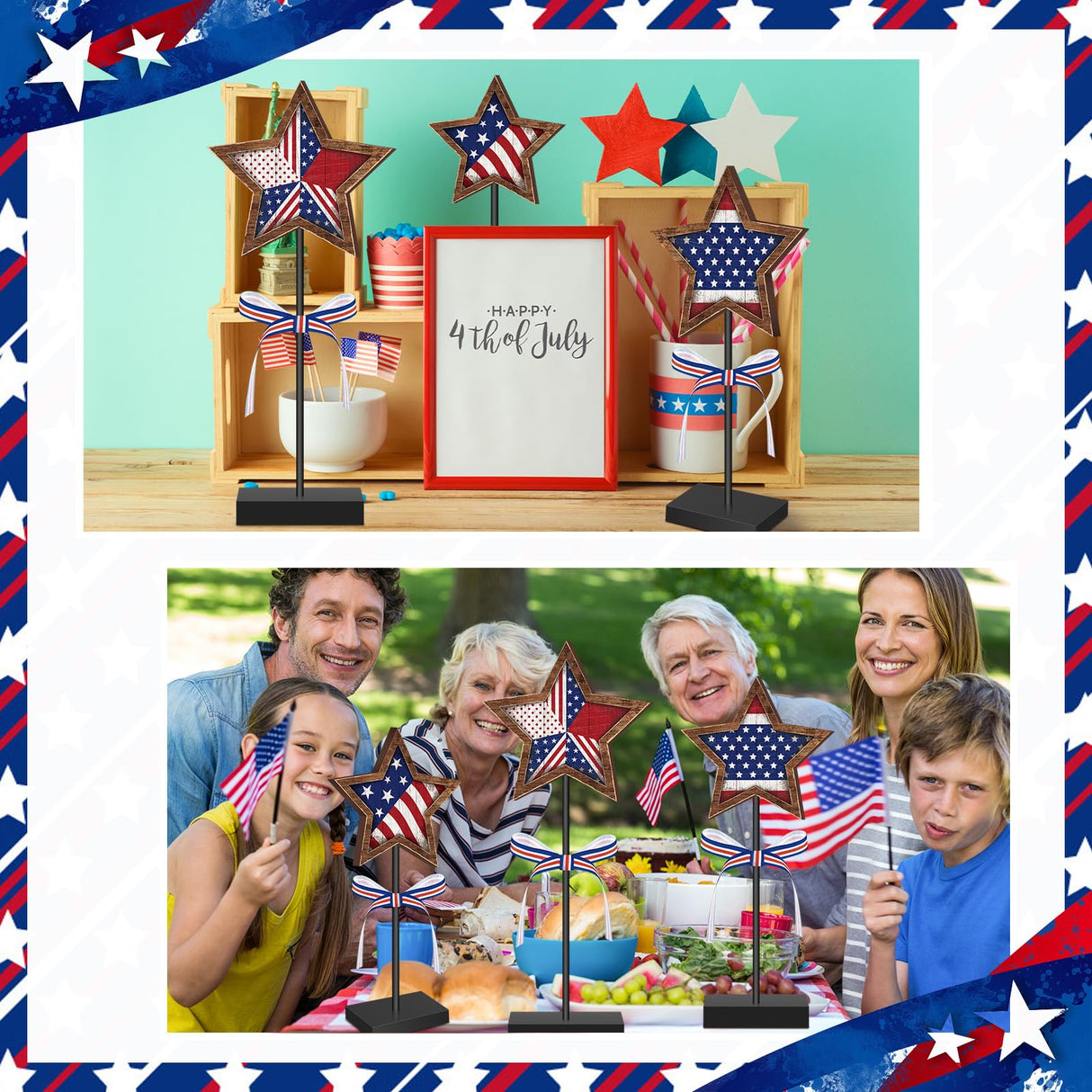 Yinkin 3 Pcs 4th of July Patriotic Table Decorations Rustic Standing Star Block Wooden Star Centerpieces for Tables Memorial Day Decorations Independence Day Tiered Tray Decor (American Flag Style) Yinkin