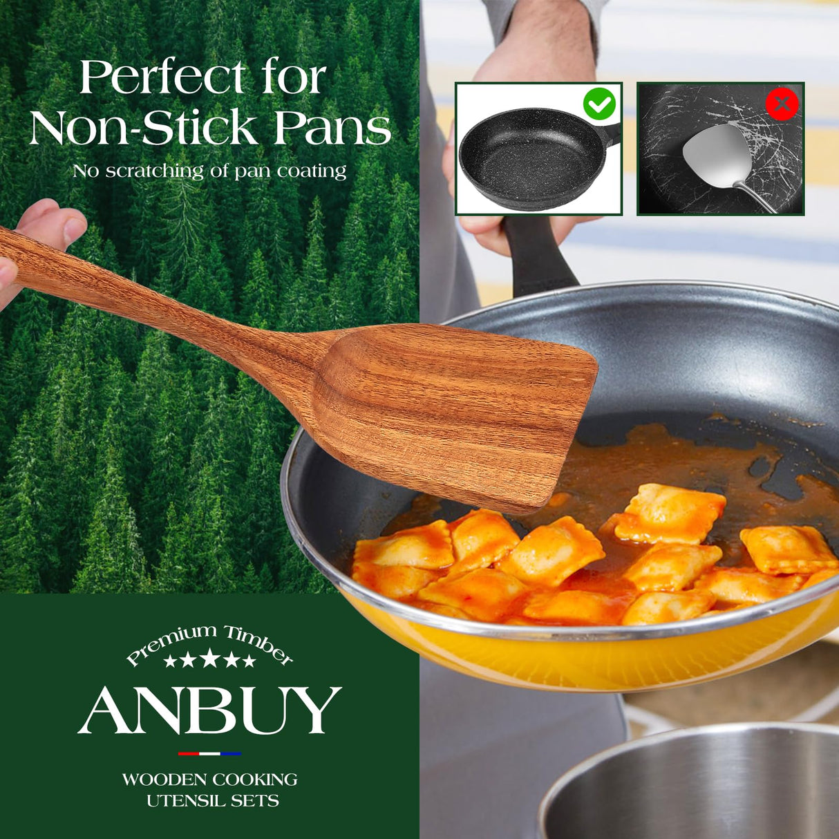 Teak Wooden Kitchen Utensils Set, High Resistant Wooden Spoons for Cooking, Nonstick Cooking Essential Utensils, Set of 10 ANBUY