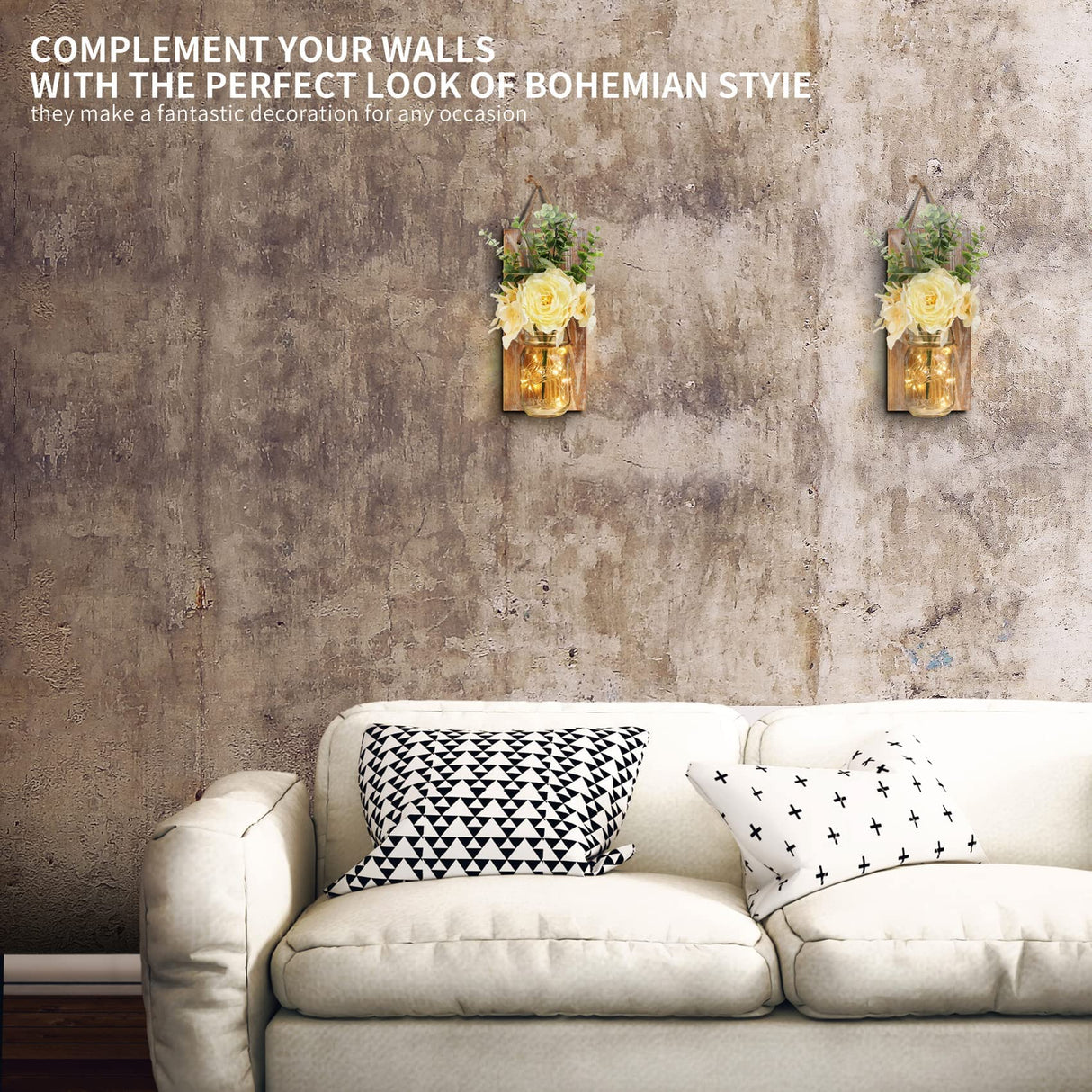 HOMKO Rustic Wall Decor, Mason Jars Wall Sconces with Remote Control Multi-Mode LED Lights, Hanging Farmhouse Decor (Set of 2) - Rustic Brown HOMKO