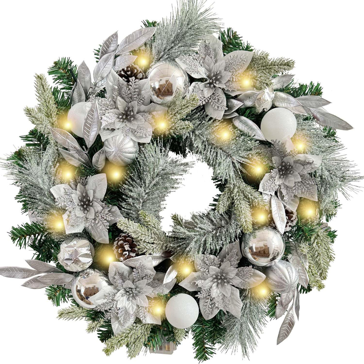 WANNA-CUL Pre-Lit 24 Inch Lighted Christmas Wreath for Front Door Decor with Silver White Christmas Ball Ornaments and Poinsettia Flowers,Battery Operated 30 LED Lights WANNA-CUL