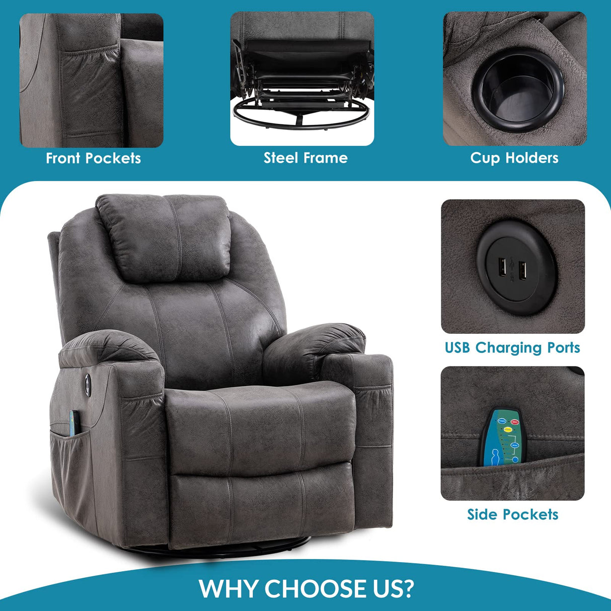 OUINCH Manual Swivel Glider Rocker Recliner Chair with Massage and Heat, 2 USB Ports, 2 Cup Holders, 2 Side Pockets and 2 Front Pockets, Bronze Suede Fabric (Grey) OUINCH