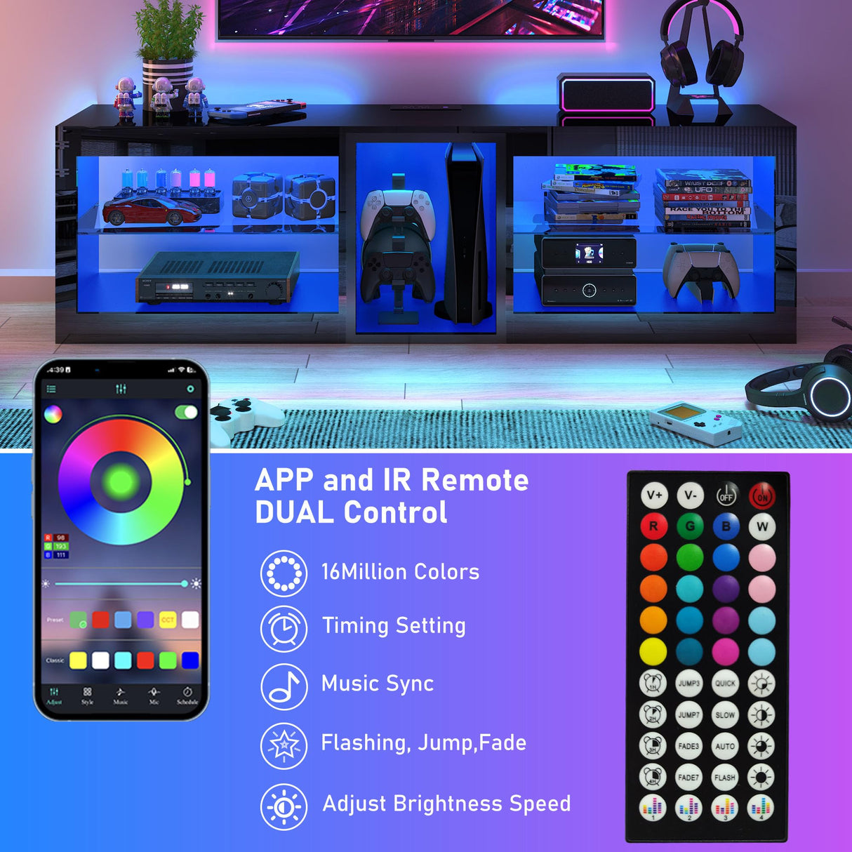 Vinctik 6&Fox LED TV Stands for Living Room w/60,000-Colors Lights&6.5ft Power Outlet for 55 60 65 70inch TV,Modern High Gloss LED Black Entertainment Center w/Adjustable Shelves for Gameroom/Bedroom Vinctik 6&Fox