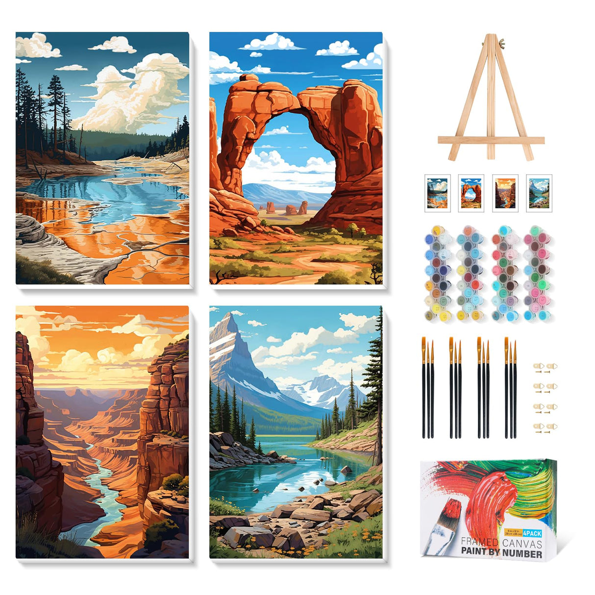 4 Pack Framed Paint by Numbers Kit for Adults with Wooden Easel, National Park Paint by Numbers with Frame for Beginner, Landscape Adult Paints by Number Kits on Canvas Framed for Wall Decor 8 x 12 In Camocin