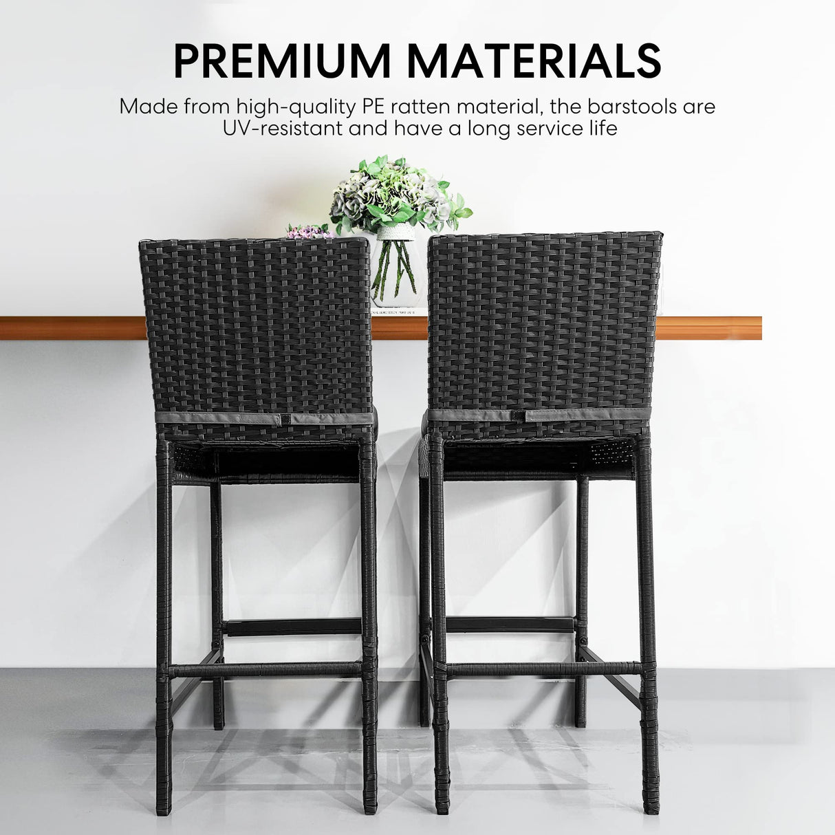 VIVOHOME Outdoor Wicker Barstool 4 Packs, Bar Chairs PE Rattan Materail, Patio Stools with Cushions, Black VIVOHOME