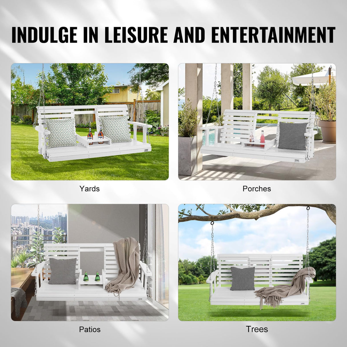 VEVOR Wooden Porch Swing 5 ft, Patio Bench Swing for Courtyard & Garden, Upgraded 880 lbs Strong Load Capacity, Heavy Duty Swing Chair Bench with Hanging Chains for Outdoors, White VEVOR