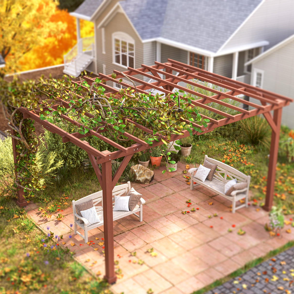Outsunny 11' x 12.5' Outdoor Wood Pergola with Grape Trellis with Stable Structure for Climbing Plant Support for Patio, Deck, Backyard, Lawn, Brown Outsunny