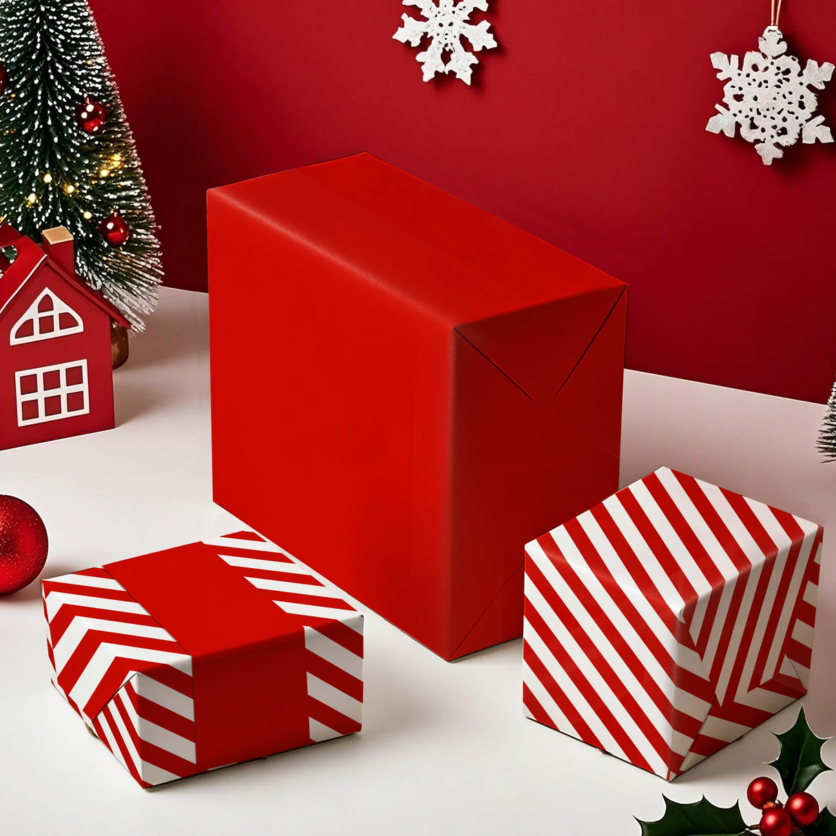 WRAPAHOLIC Reversible Wrapping Paper - Mini Roll - 17 Inch x 33 Feet - Red and Stripes Design for Christmas, Birthday, Holiday, Wedding, Baby Shower WRAPAHOLIC