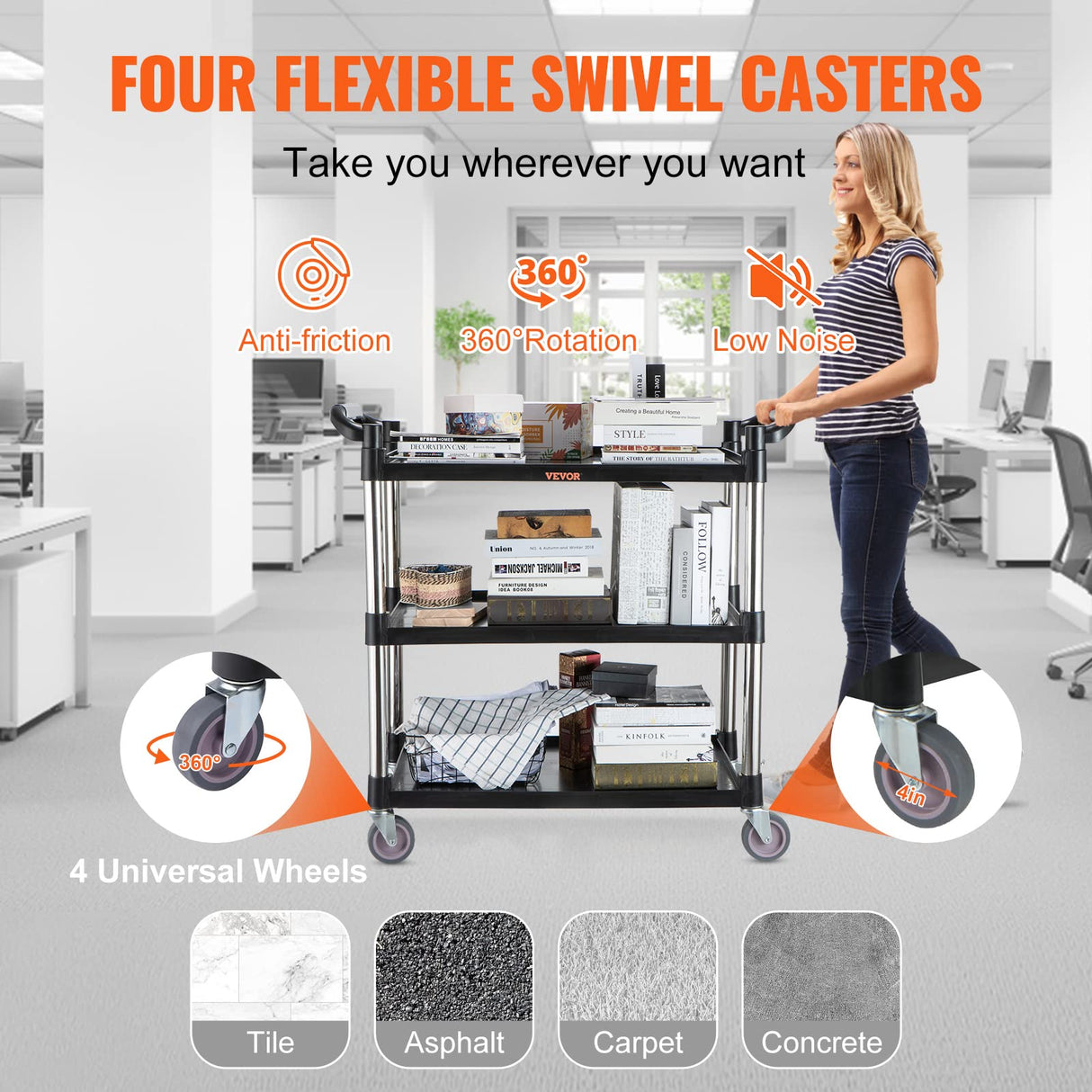 VEVOR Utility Service Cart, 3 Shelf Heavy Duty 154LBS Food Service Cart, Rolling Utility Cart with Lockable Wheels, 32.7" x 15.7" x 37.4" Plastic VEVOR