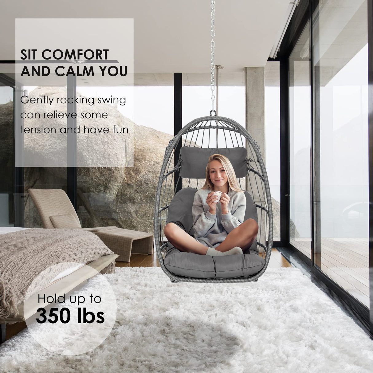 Brafab Wicker Rattan Hammock Egg Hanging Chair with Chain, Rusty Resistant Aluminum Frame and UV Cushion, Indoor Outdoor Bedroom Patio Porch Folding Camping Chair(Without Stand) Brafab