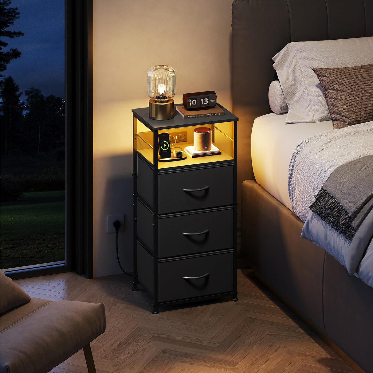 WLIVE LED Nightstand Set of 2 with Charging Station, Black Night Stand with 3 Fabric Drawers and Storage Shelf, Small Dresser for Small Space, 31.9" H Side Table with USB Ports and Outlets for Bedroom WLIVE